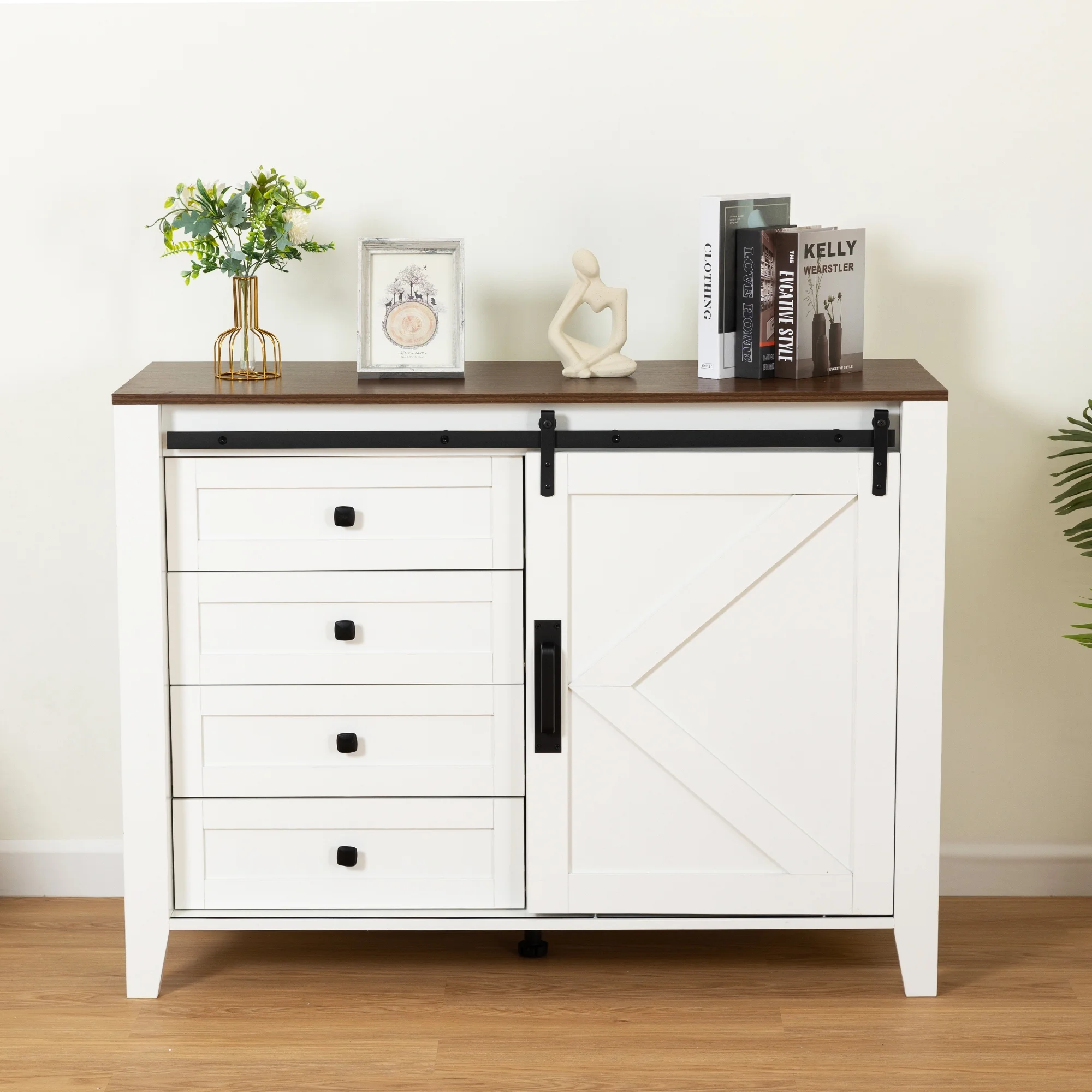 Accent Storage Cabinet,Side Console Cabinet Wood with Drawers Barn Door for Living Room Bedroom