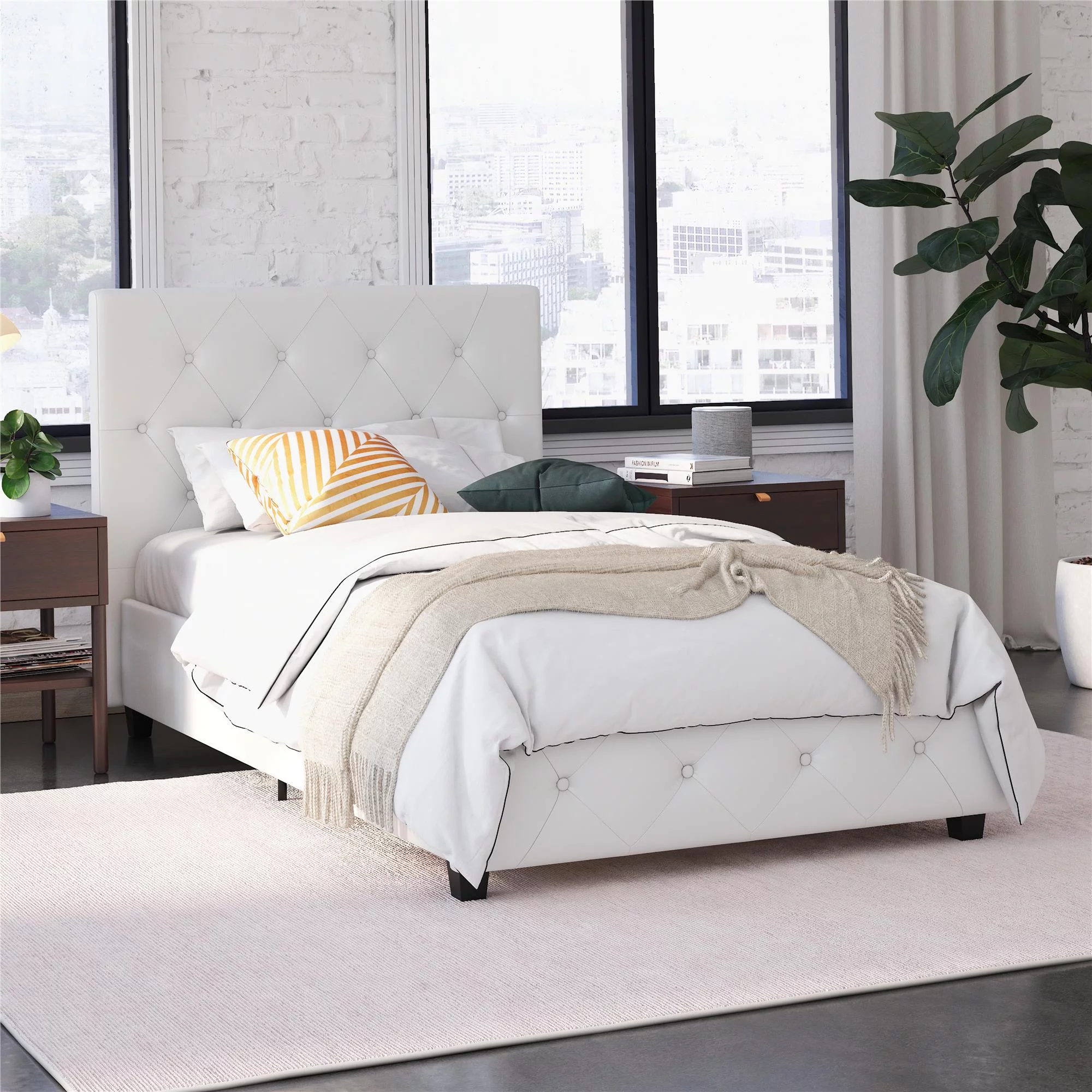 DHP Dakota Upholstered Bed with Signature Sleep Tranquil 8-Inch Pocket Spring Mattress, Twin, White