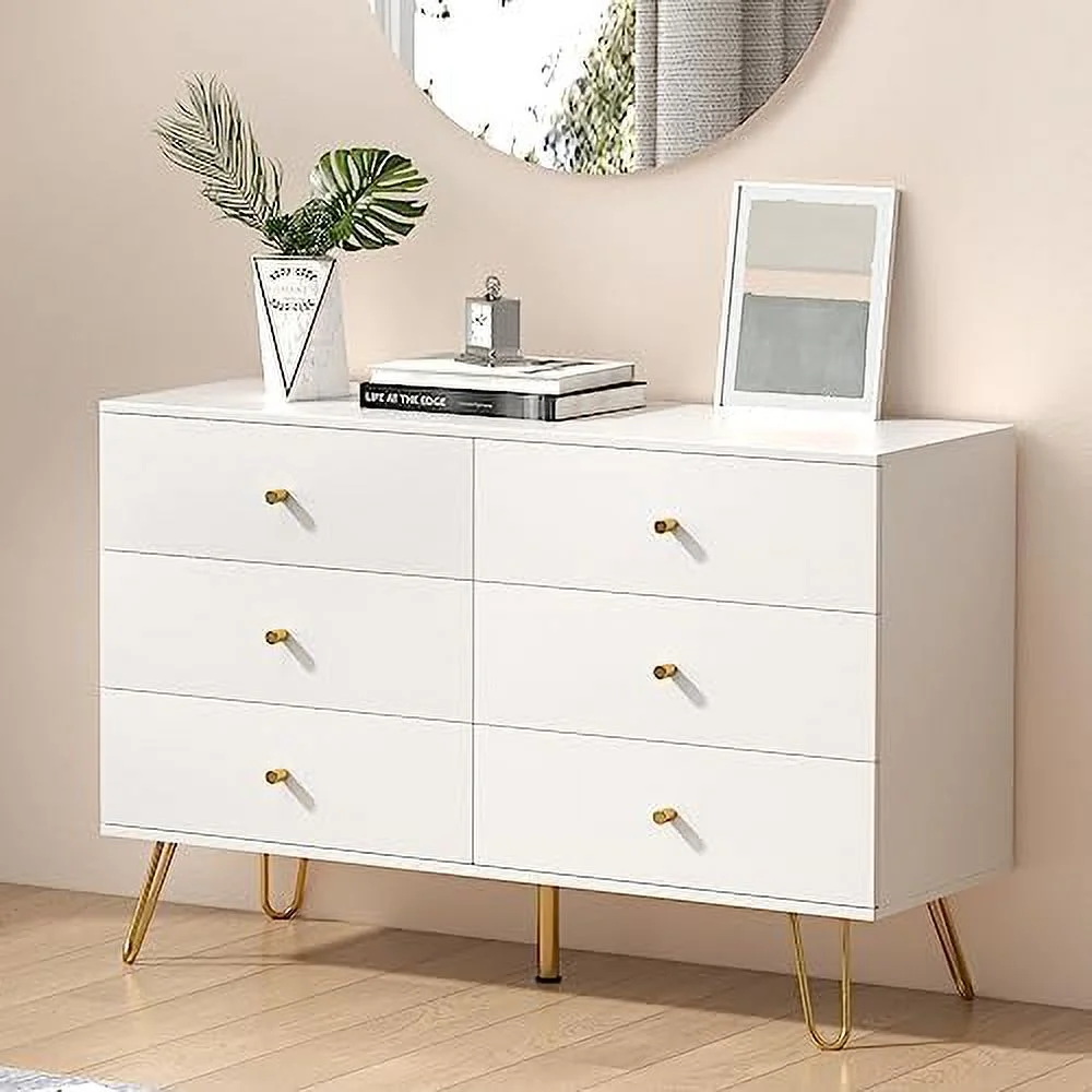 Dresser for Bedroom with 6 Drawers and Metal Handle Sturdy Frame Chest of Drawers White Dressers with Drawers for Closet Hallway Living Room Entryway