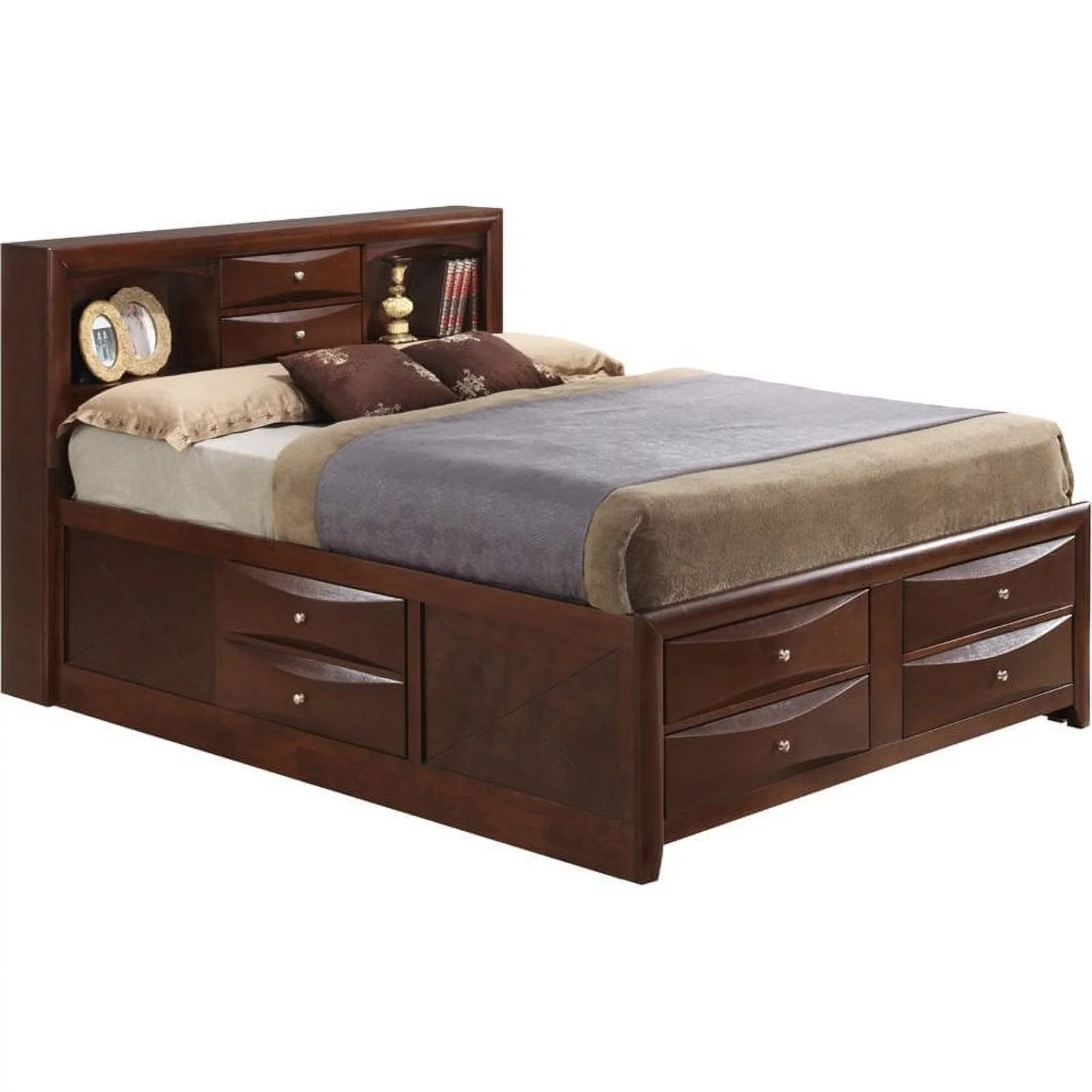 Maklaine Wood Queen Bookcase Storage Bed with Open Shelves & Drawers in Cherry