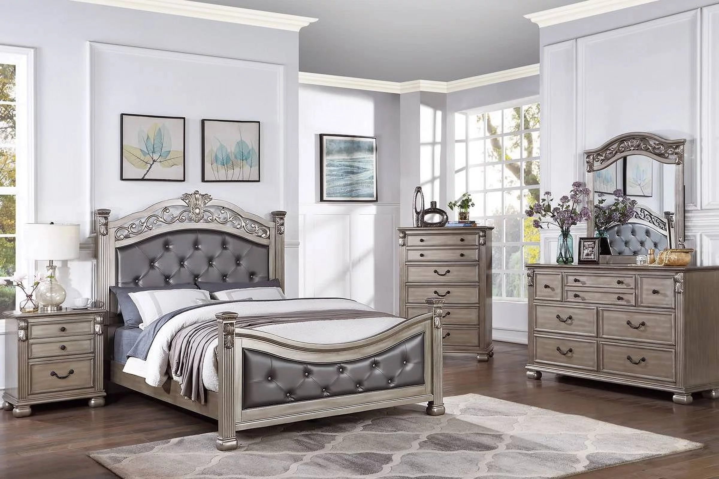 Cal King Size Bed Antique Formal Fabric Tufted HB FB Bed 2x Nightstands 3pc Set Grey Finish Posts Bed bedroom Furniture