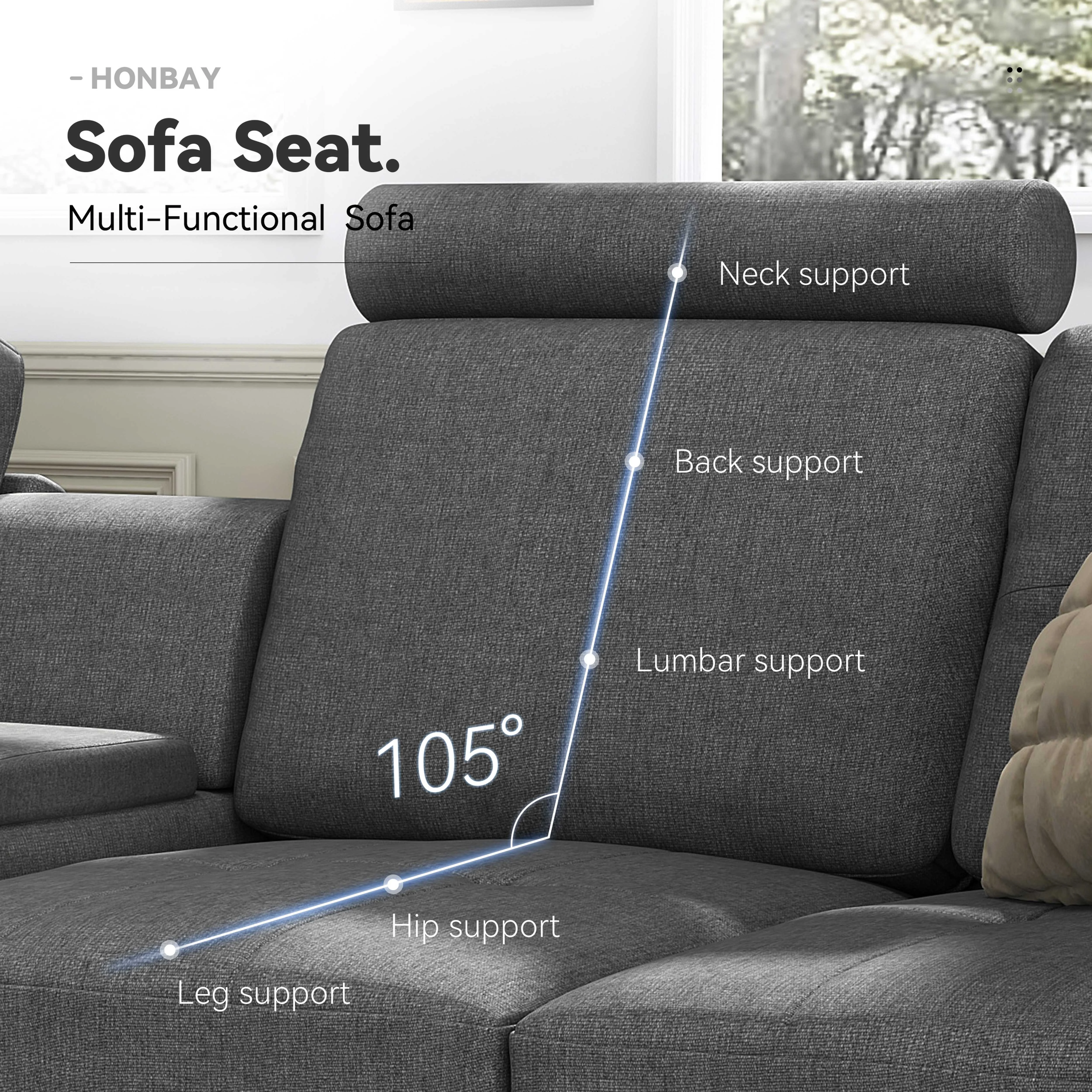 HONBAY Upholstered Fabric Sofa Couch Modern L-Shaped Reversible Sectional Sofa with Cup Holders & Storage Console for Living Room and Office, Dark Grey