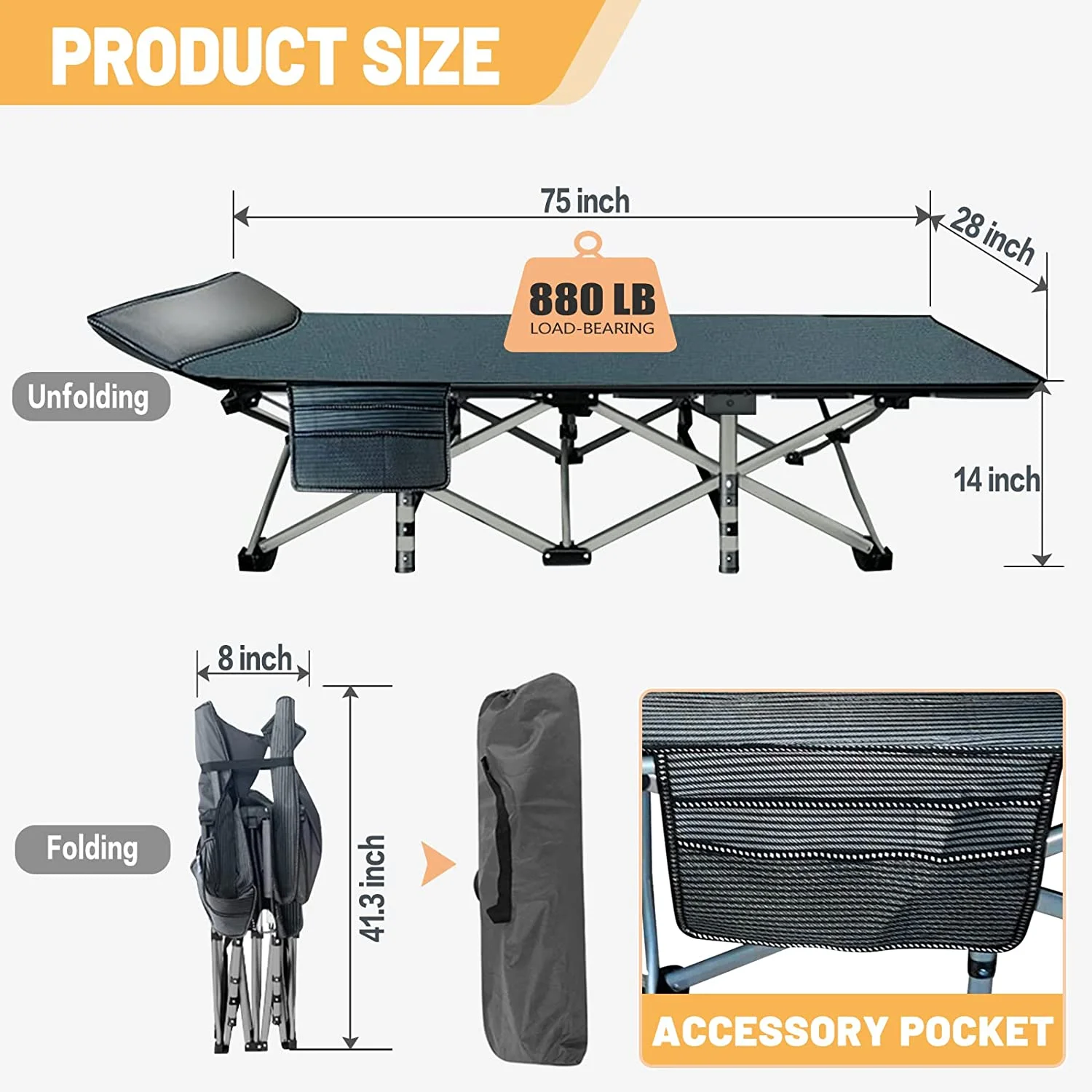 NAIZEA Folding Camping Cot,Adults Cot Beds with Pearl Mattress