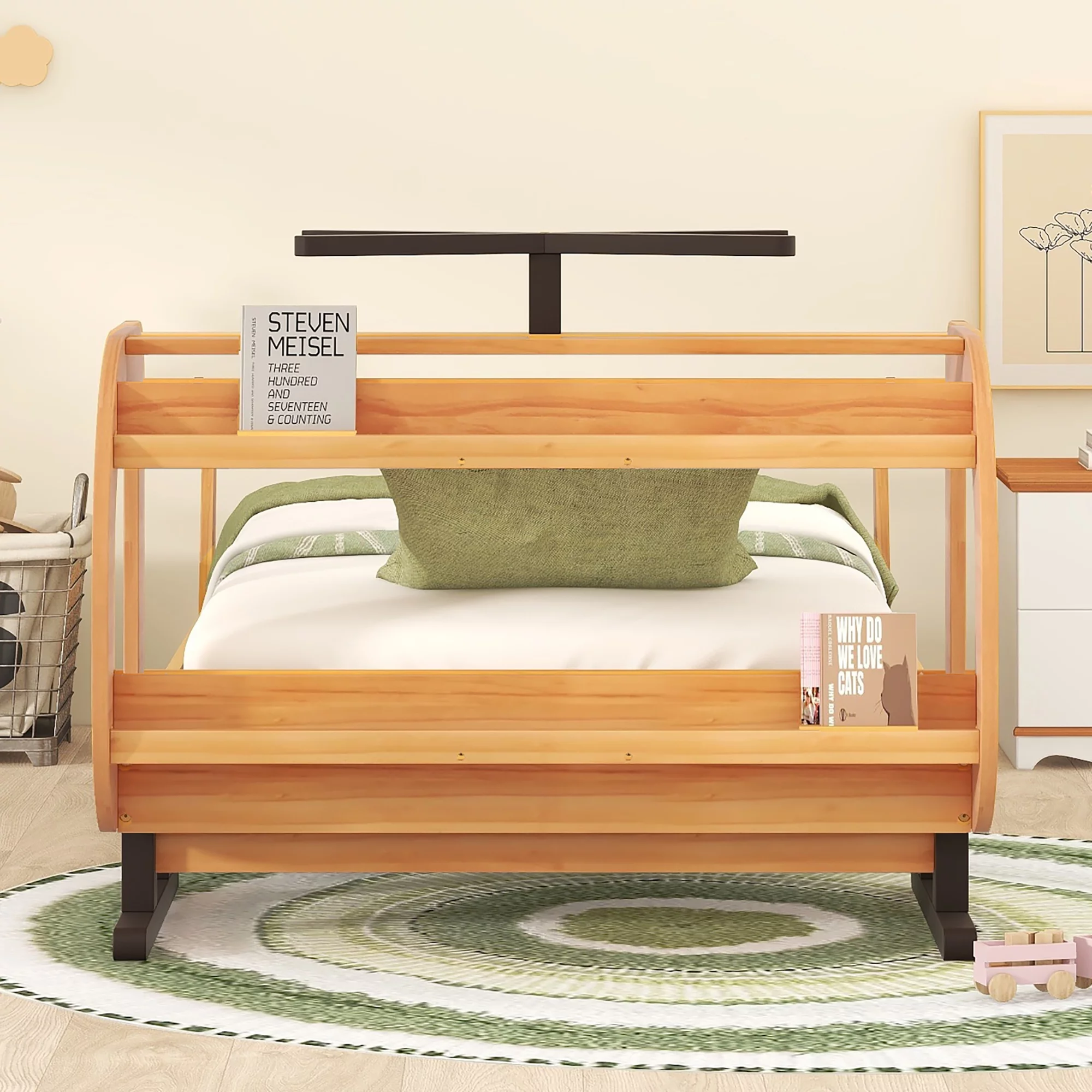 CoSoTower Twin Size Plane Shaped Platform Bed with Rotatable Propeller and Shelves, Natural