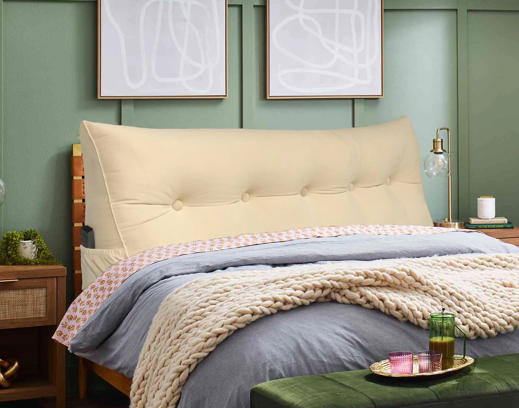 PEACHWELL Triangular Reading Bed Rest Pillow Large Bolster Cushion Headboard Backrest Wedge Pillow with Removable Cover and Two Large Side Pockets Beige King 78 Inches