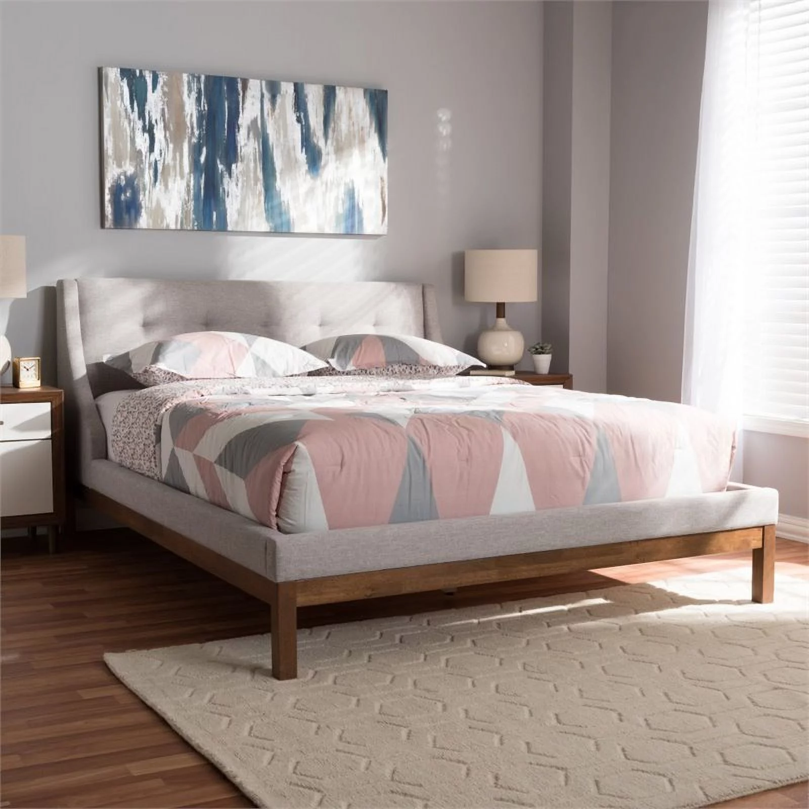 Baxton Studio Louvain Upholstered Full Platform Bed in Greyish Beige