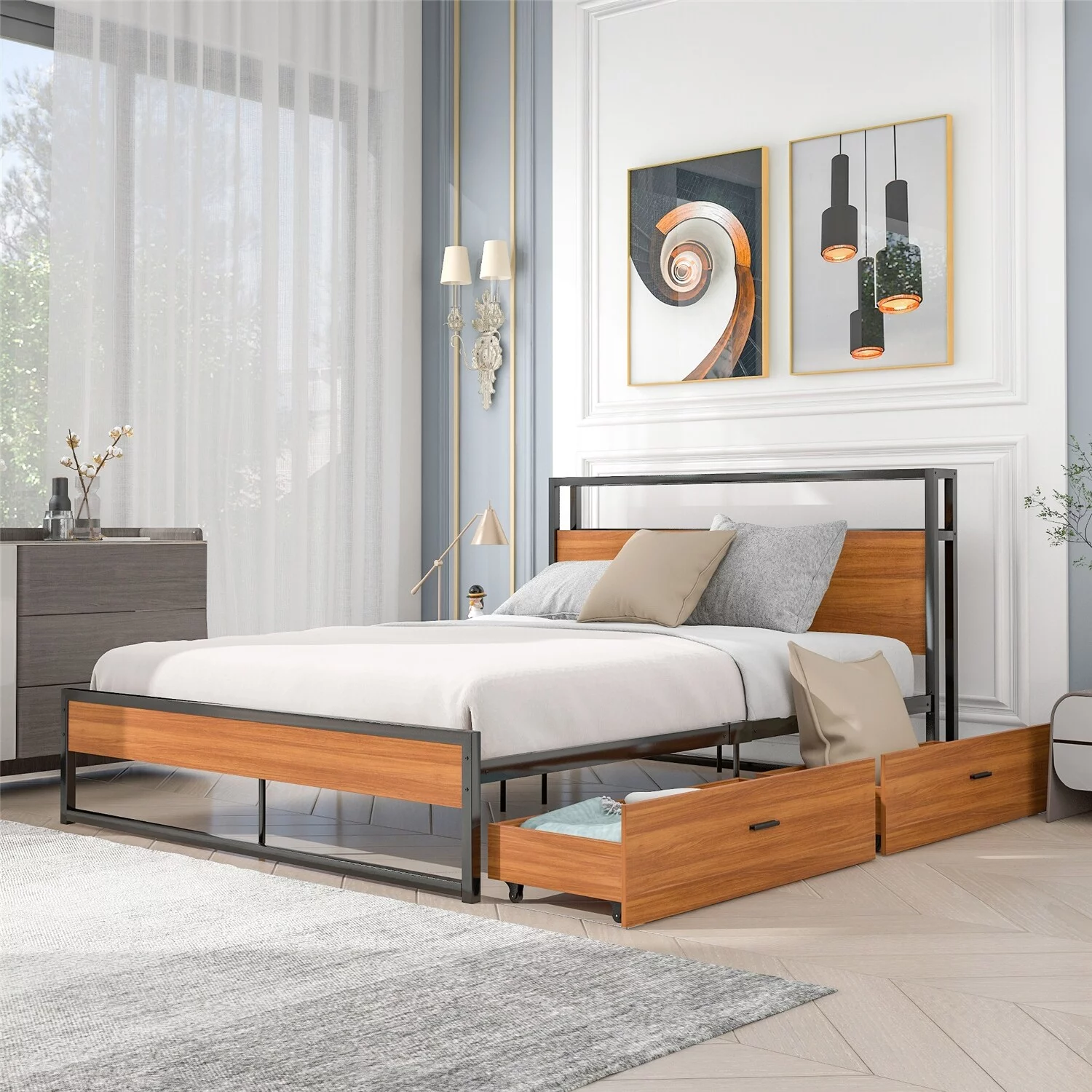 Clihome Full/Queen Size Metal Platform Bed Frame with USB Ports Black - Queen