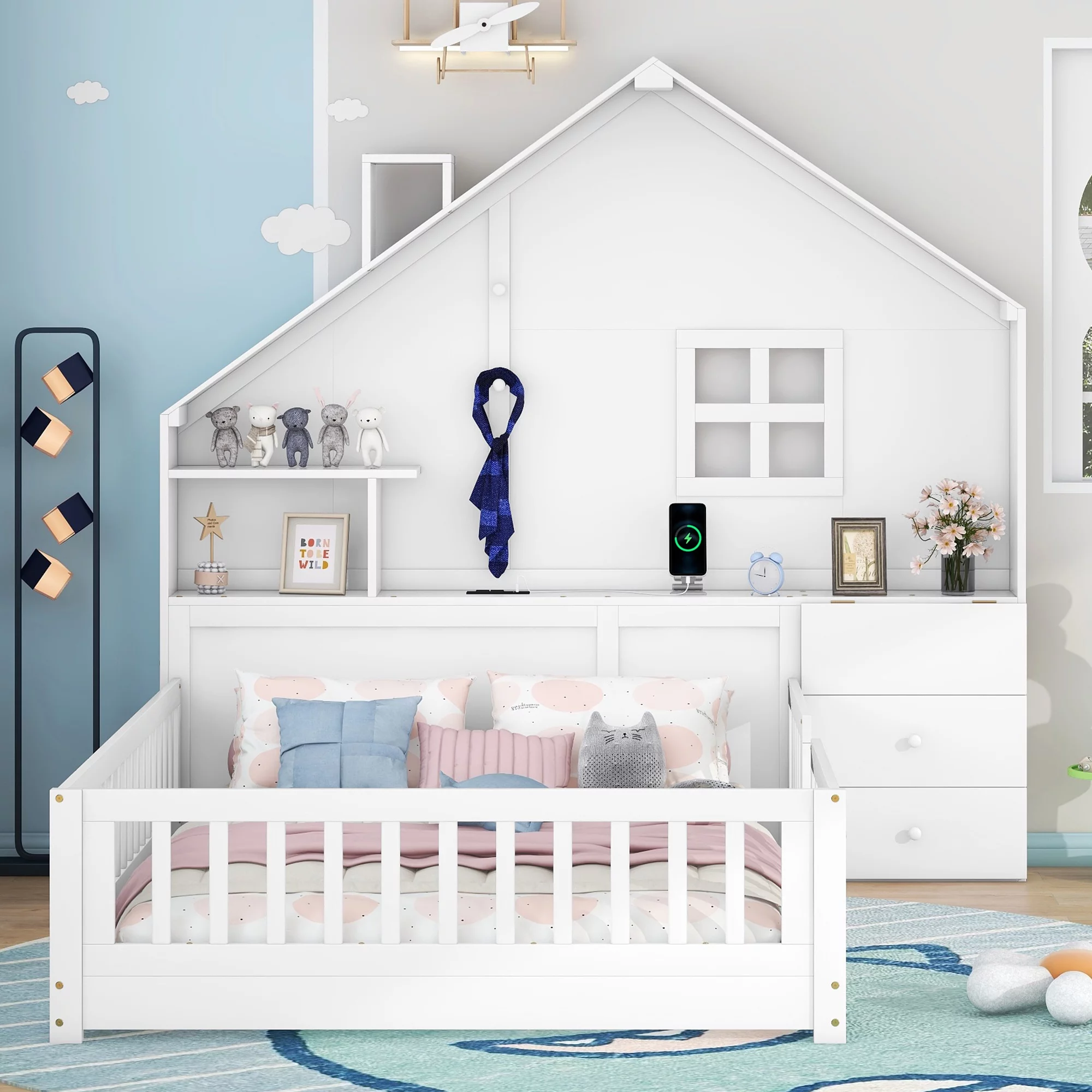 Platform Bed with Shelves and a set of Sockets and USB Port, Solid Wood Daybed with Window and Bedside Drawers for Teen Boys Girls, Easy Assembly, Wood Slat Support