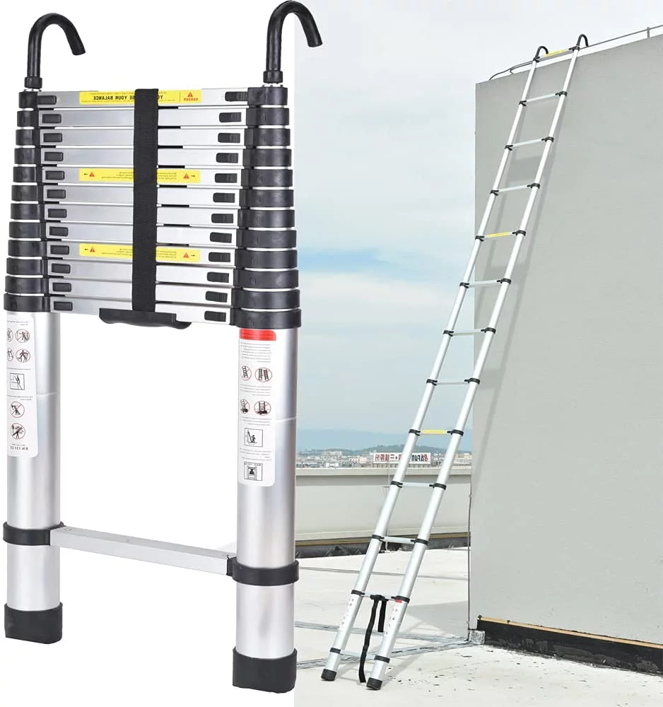 Bowoshen 16.5Ft Aluminum Telescoping Ladder,2 Detachable Hooks Multi-Use Retractable Foldable Extension Step Attic Ladder,330lbs Load Capacity