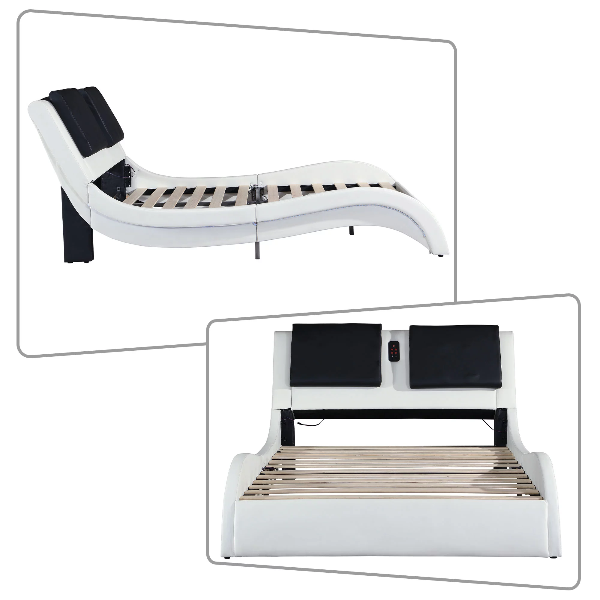 Modern Multifuntional King Size Faux Leather Upholstered Platform Bed with Curved Design and Wood Slat Support, White