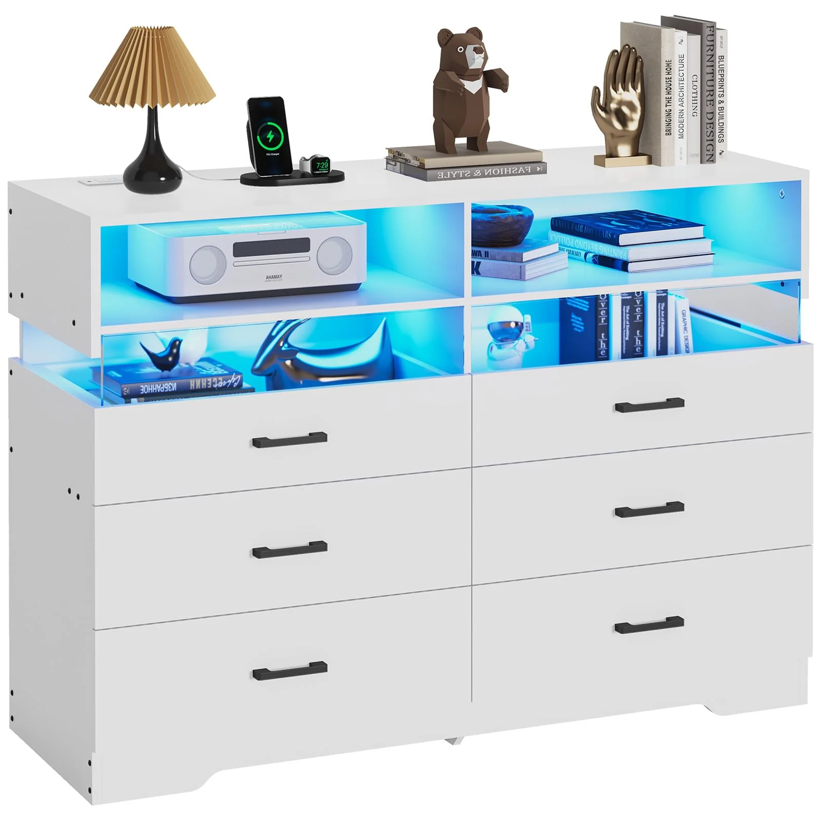 Dresser for Bedroom, Double Dresser with 6 Drawers and Charging Station, LED Chest of Drawers for Living Room, Entryway, White