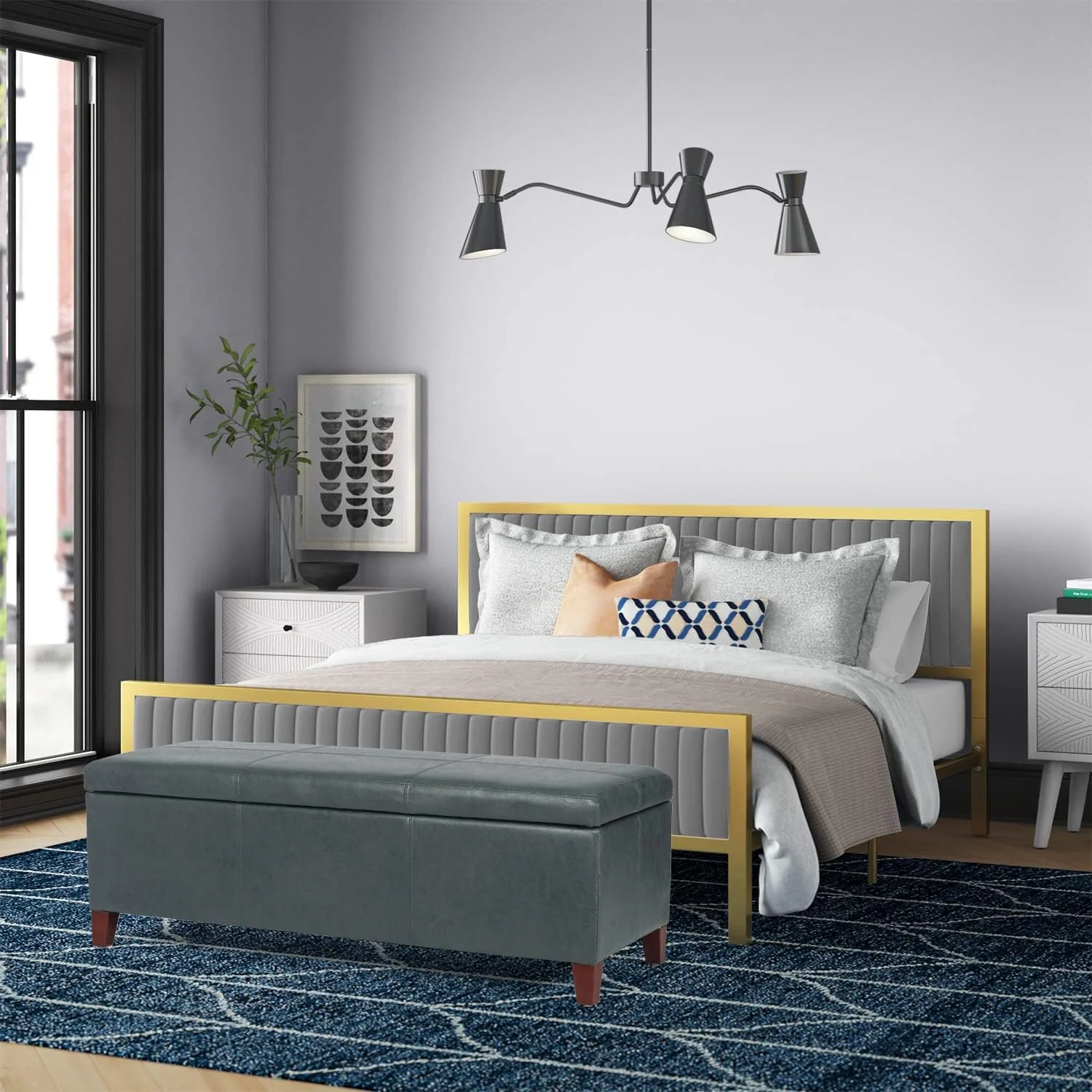 Inch Leathaire Long Storage Ottoman With Hinges Gray Bench Storage Indoor End Of Bed Tables For Living Room(Ship From US)