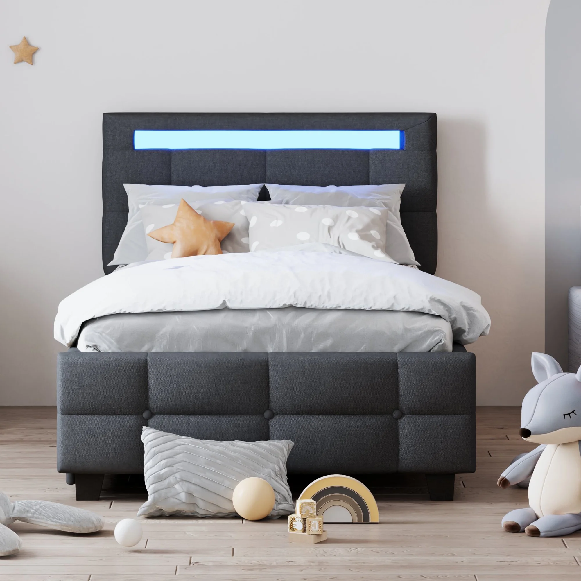 CoSoTower Twin Size Upholstered Platform Bed with LED Frame and 2 Drawers, Linen Fabric, Gray