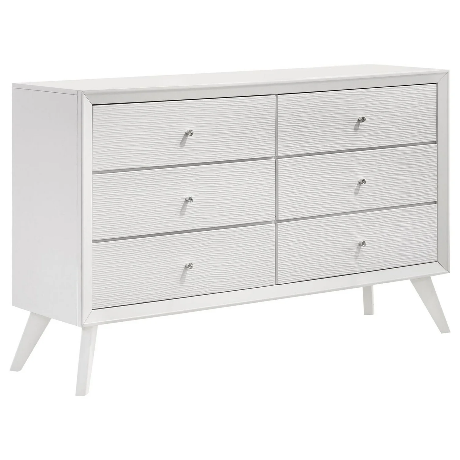 Benjara BM306647 57 in. Zoe Wavelike Effect Design 6 Drawers Dresser with Knobs, White