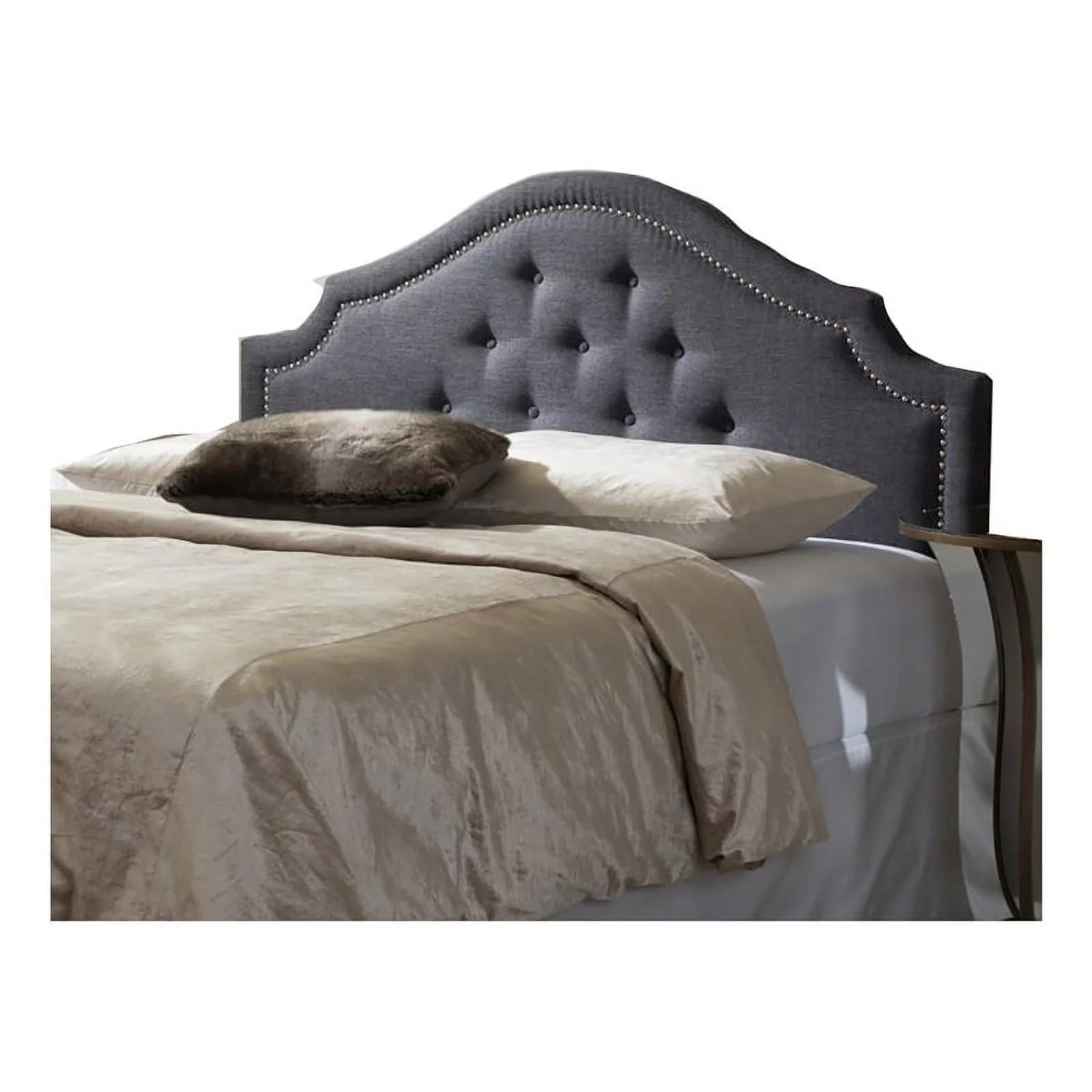 Bowery Hill Fabric Upholstered Full Headboard with Silver Nail Heads in Gray