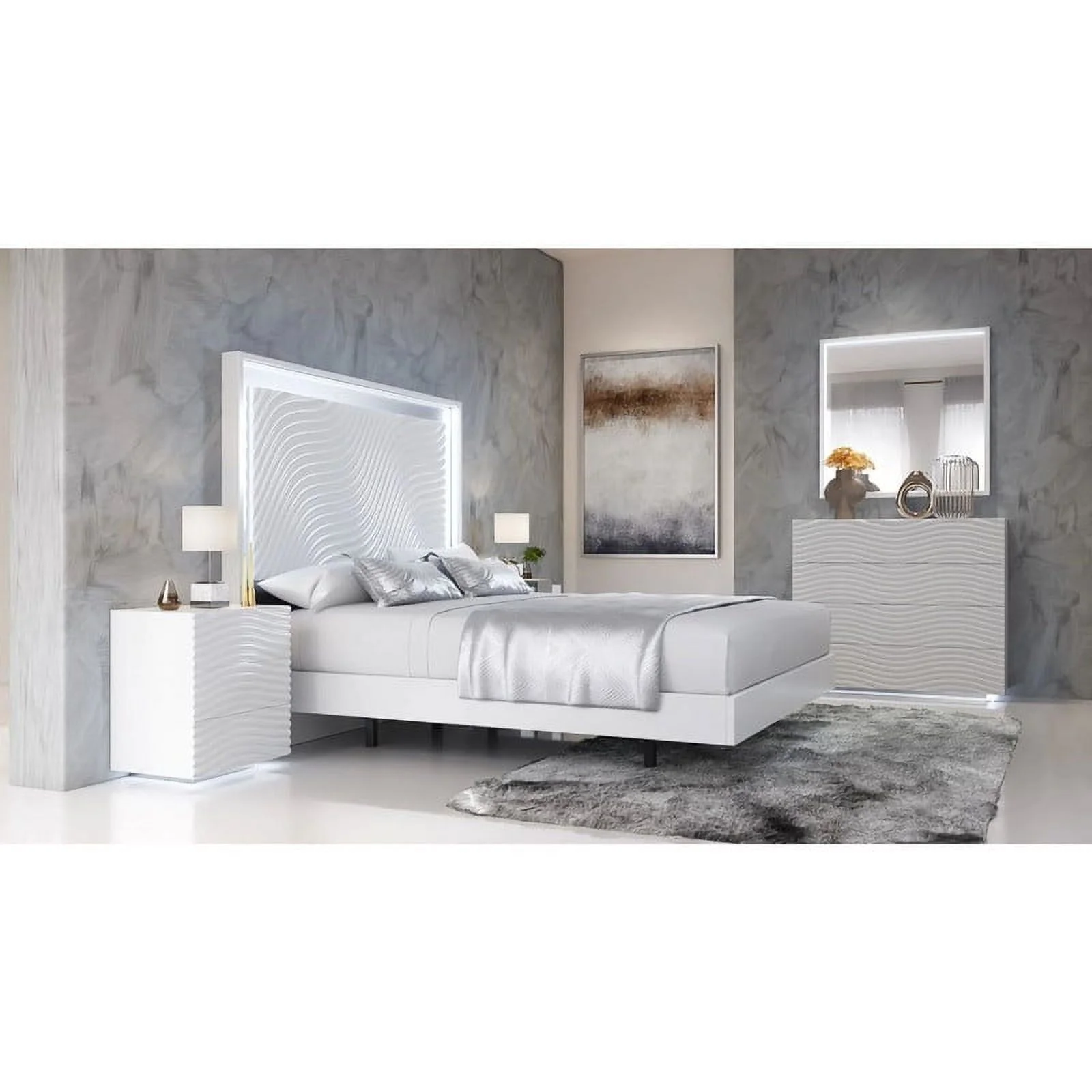 Wave Modern 5-Piece Bedroom Set in White, Queen Size