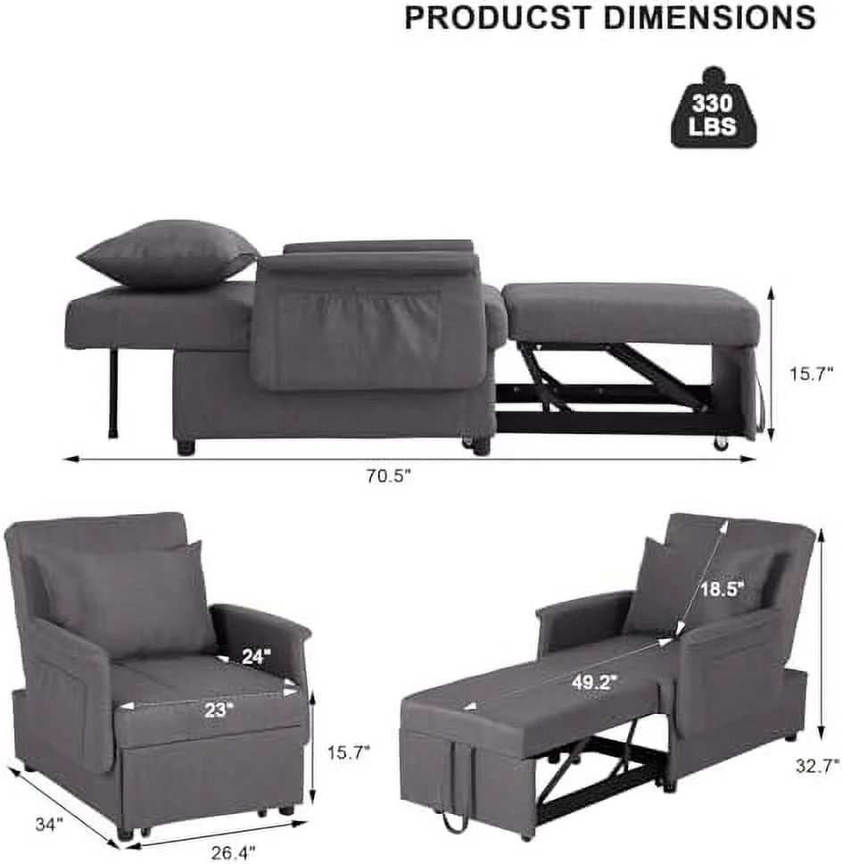 RUNFAYBIU Pull Out Sofa Bed 3-in-1 Convertible Sleeper Chair Bed w/Adjustable Backrest Tufted Fabric Chaise Lounge Sofa Bed Couch for Apartment Small Space w/Side Pockets (Gray-2)