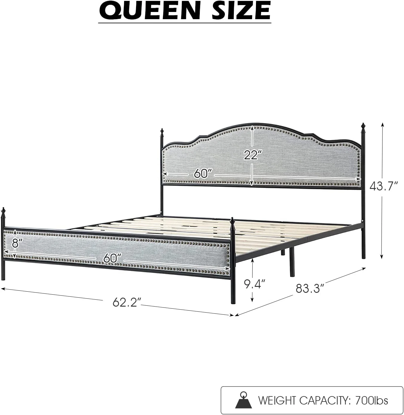 HOME Metal Platform Bed Frame Queen Size with Upholstered Headboard Footboard / Wood Slat Support / No Box Spring Needed/ Easy Assembly  Grey