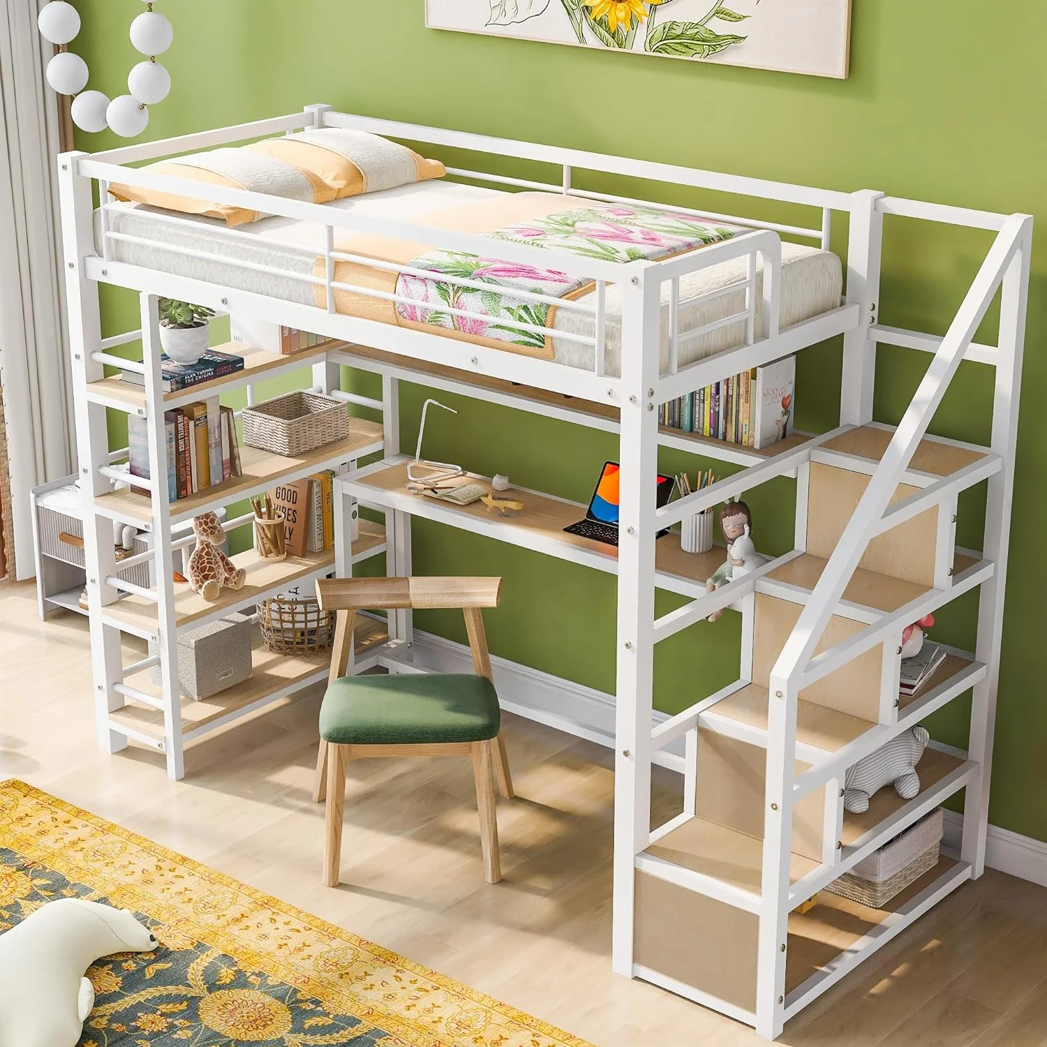 Metal Loft Bed With Staircase And Bookcase Industrial Style High Loft Bed With Desk For Kids
