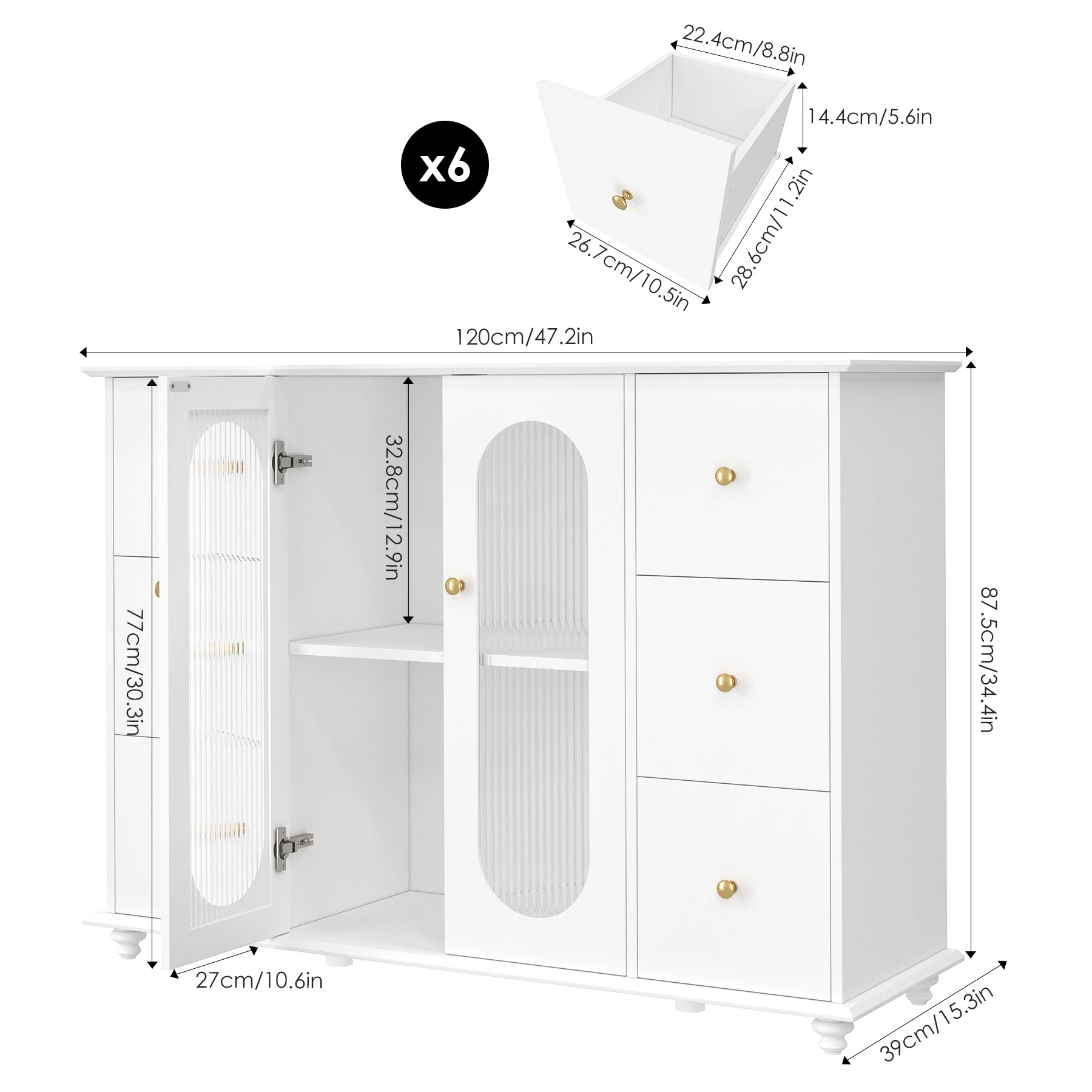 Homfa Modern Sideboard with Glass Door, 6 Drawers Accent Storage Cabinet, White