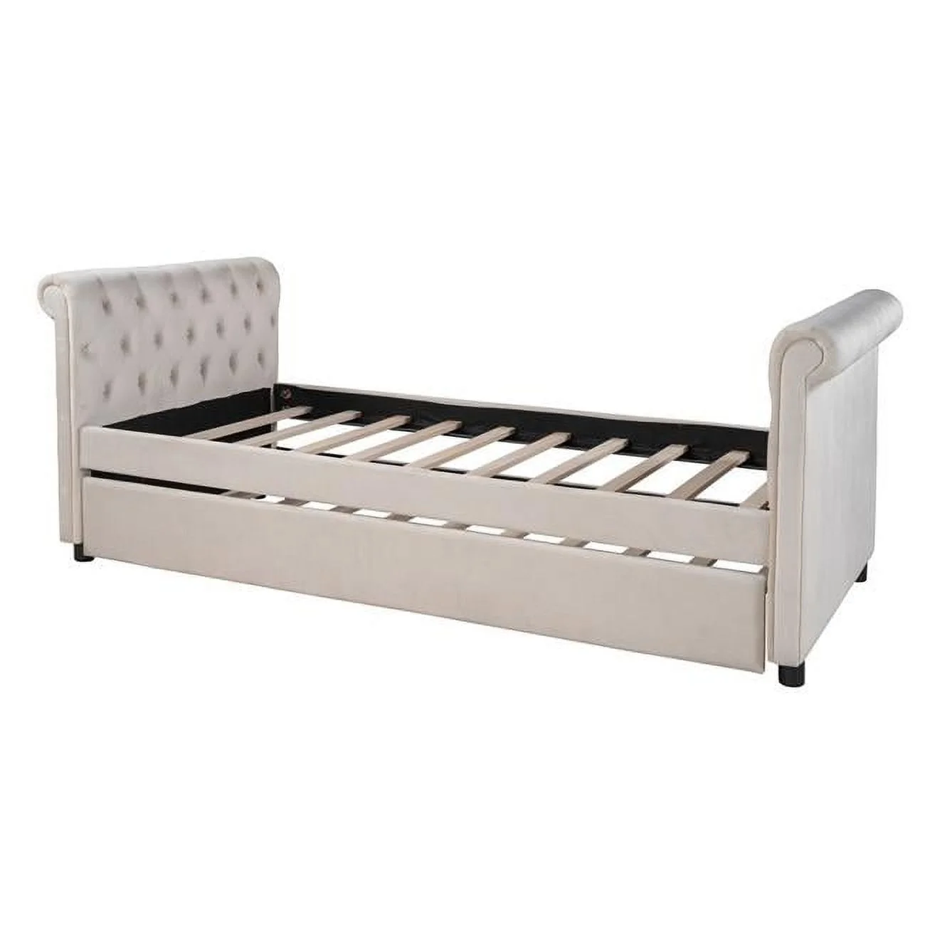 Twin Size Tufted Beige Upholstered Polyester Blend Bed with Trundle