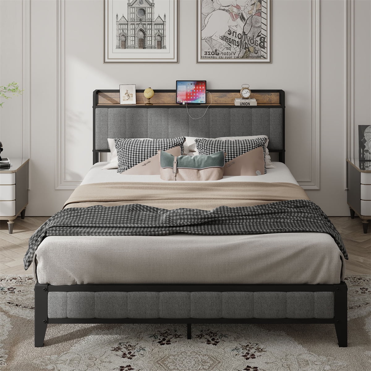 Queen Size Metal Bed Frame with Charging Station, Upholstered Headboard, ,Easy to Assemble, Gray