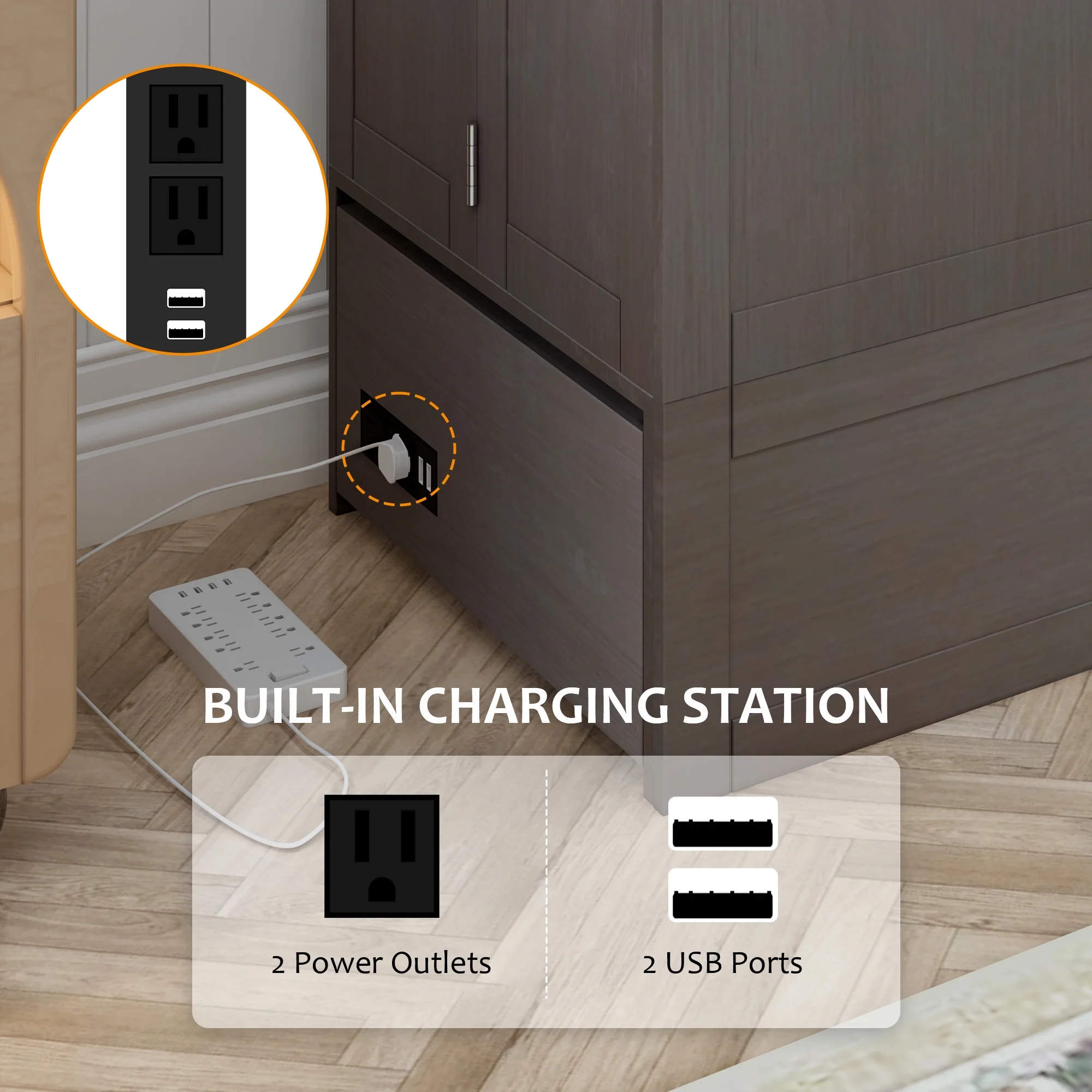 HNEBC Murphy Bed Queen with Charging Station and Storage Drawer, Murphy Cube Cabinet Chest Bed for Home Office, Sturdy Wood Murphy Bed Cabinet with Memory Foam Mattress Included (Grey)