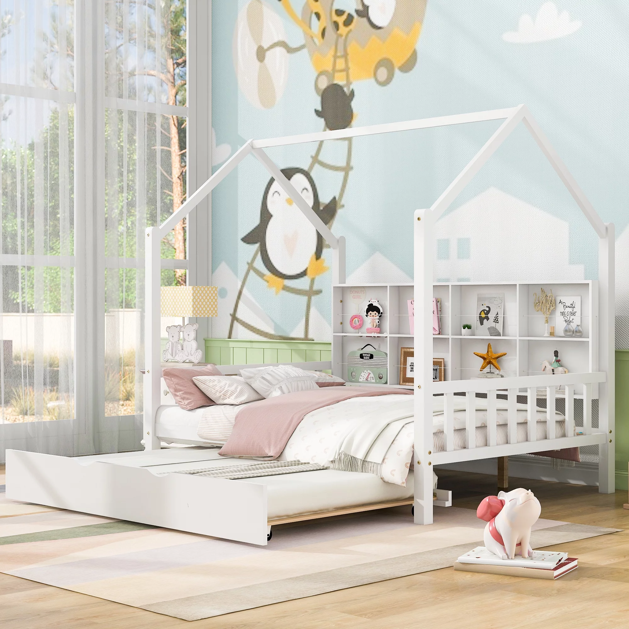 Gewnee Wood Full Size House Bed with Trundle and Storage Shelves for Kid's Room,White