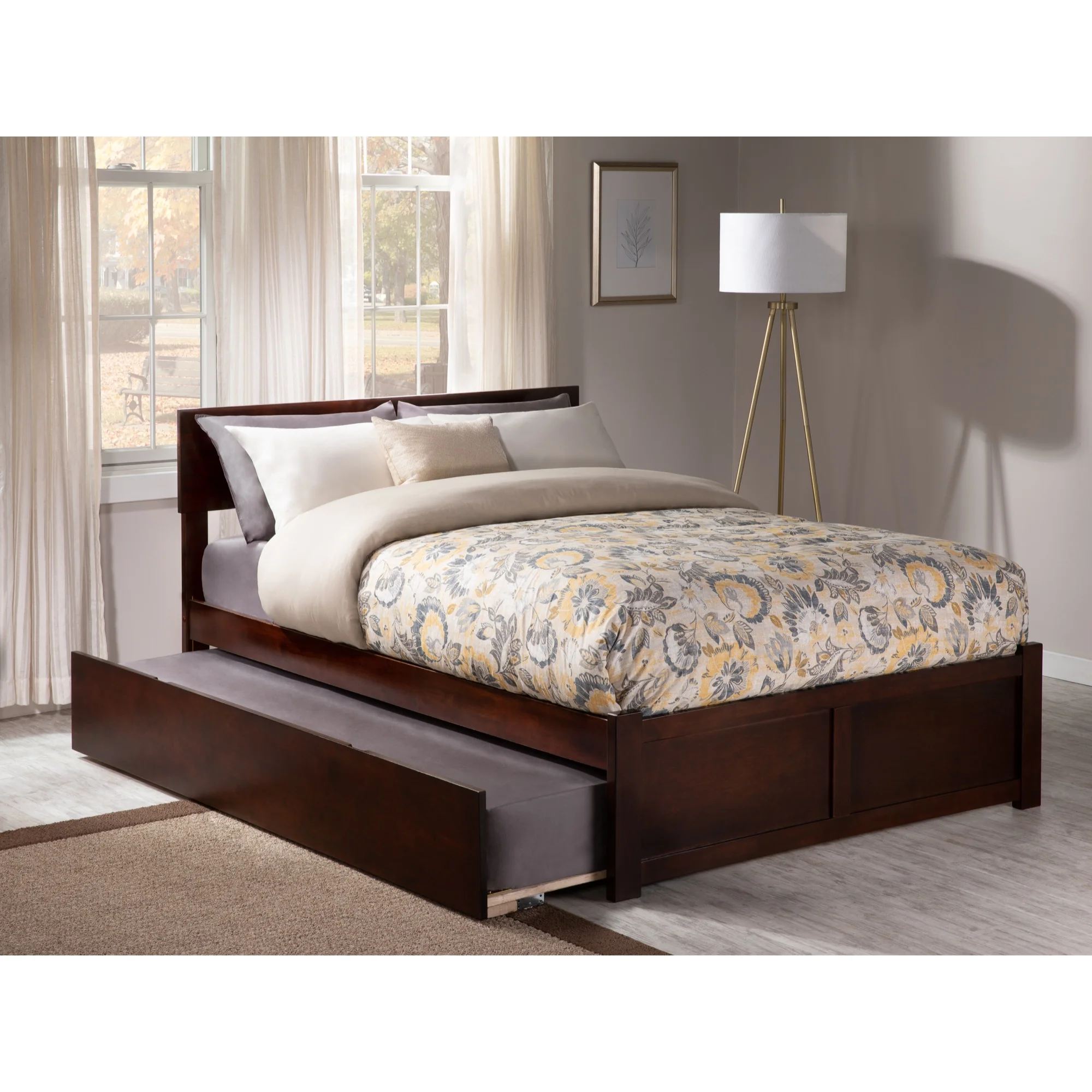 AFI Orlando Queen Solid Wood Platform Bed with Twin XL Trundle in Walnut