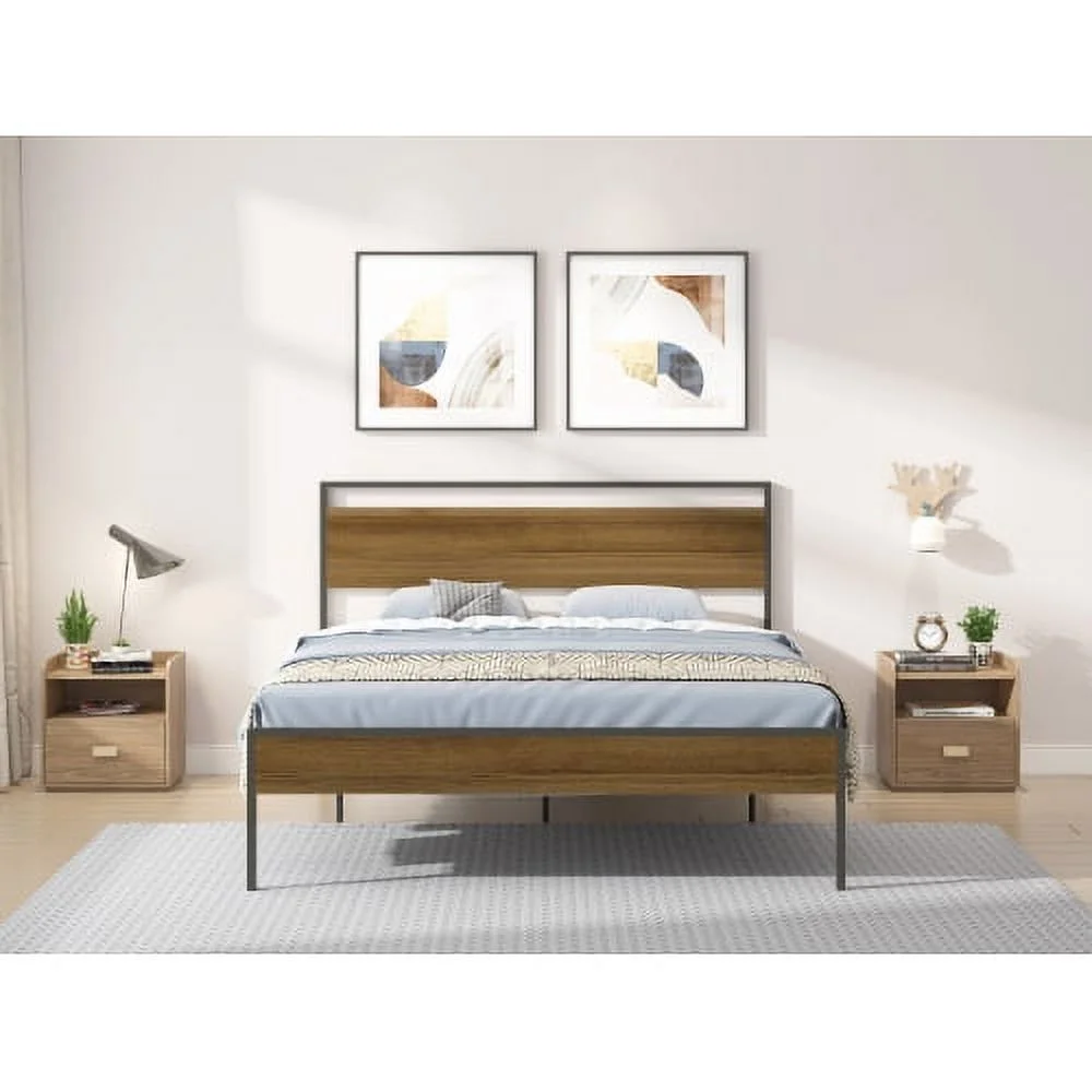Ceres Metal Bed, Black with Cinnamon Wood Headboard & Footboard, Queen