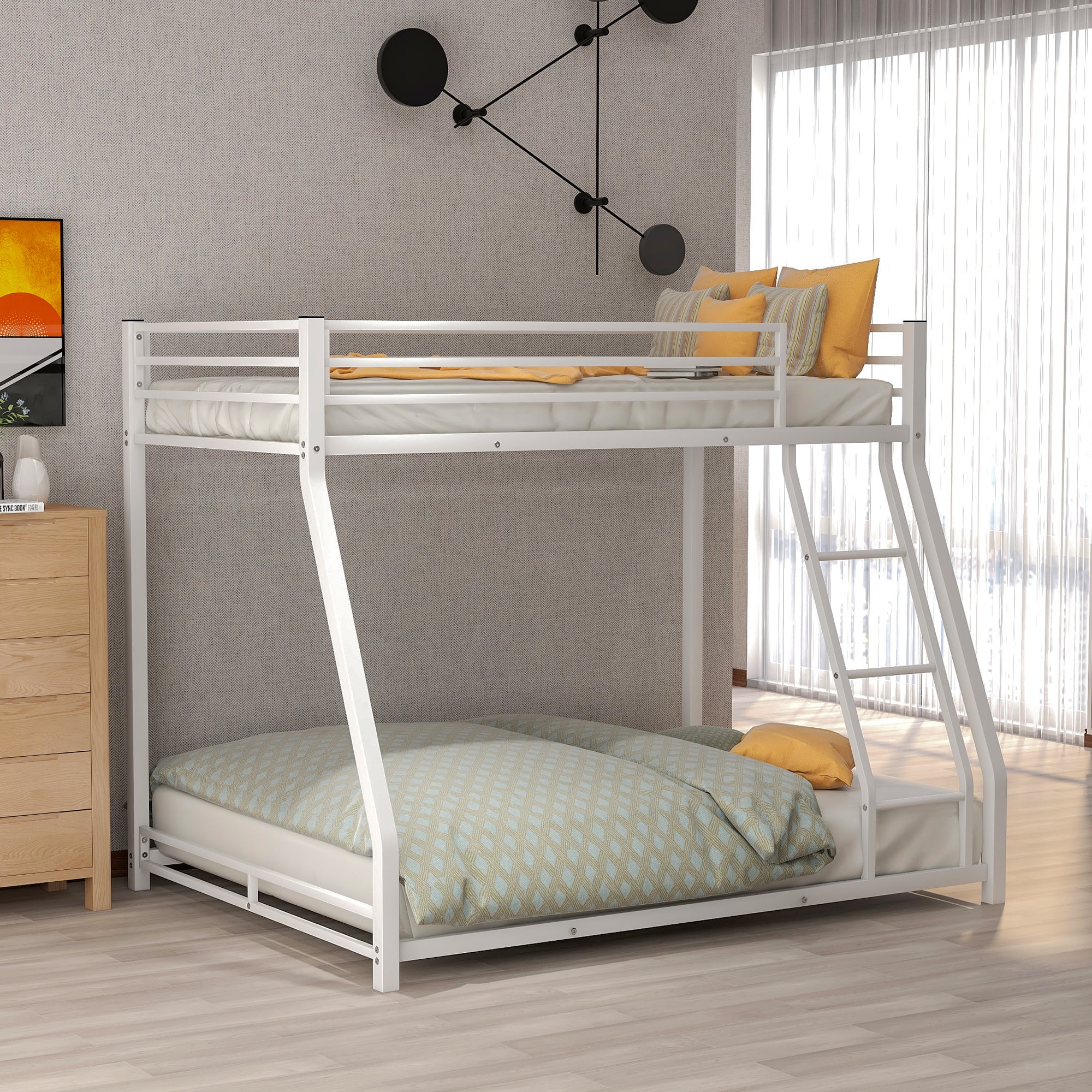 Euroco Metal Twin over Full Bunk Bed, Floor Bunk Bed for Kids Bedroom, White