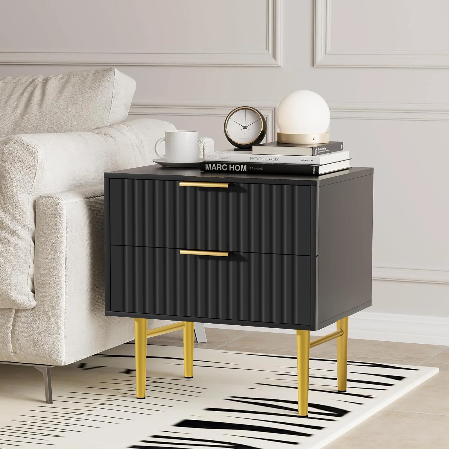 Glavbiku Modern Wood 2 Drawers Nightstand,Vintage Bedside Table for Bedroom,Black,Adult,23.5