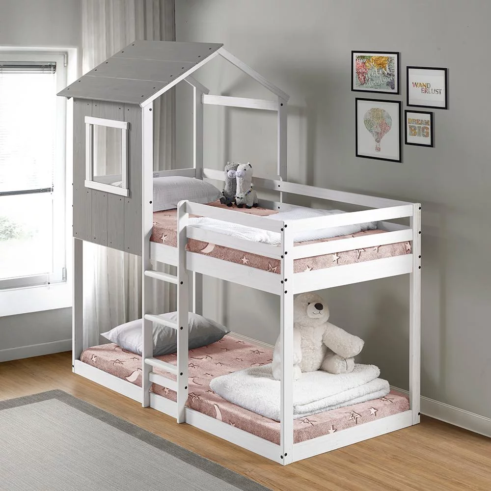 P'kolino Twin over Twin Tree House Low Bunk Bed - Rustic Dark Gray with White Frame