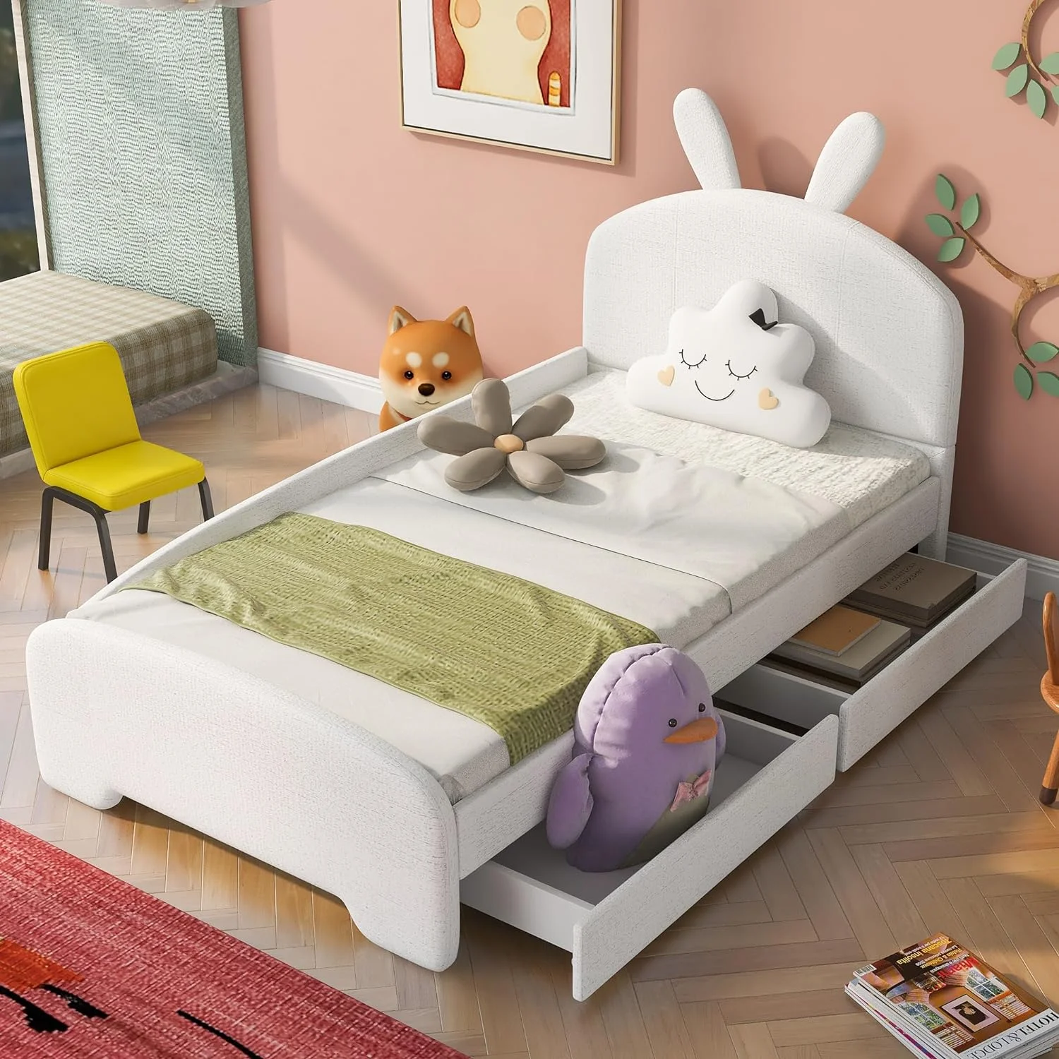 Size Upholstered Bed With Drawers And Cartoon Ears Shaped Headboard, Chenille Platform Bed Wood Frame, No Box Spring Needed, White, HJH-WF309760AAK