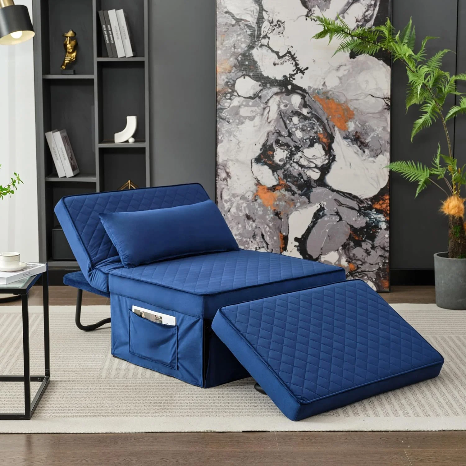Folding Ottoman Sofa Bed, Convertible Chair 4 In 1 Multi-Function Ottoman, Couch Bed With 6 Position Adjustable Backrest, Modern, Imitation Flannel, Blue