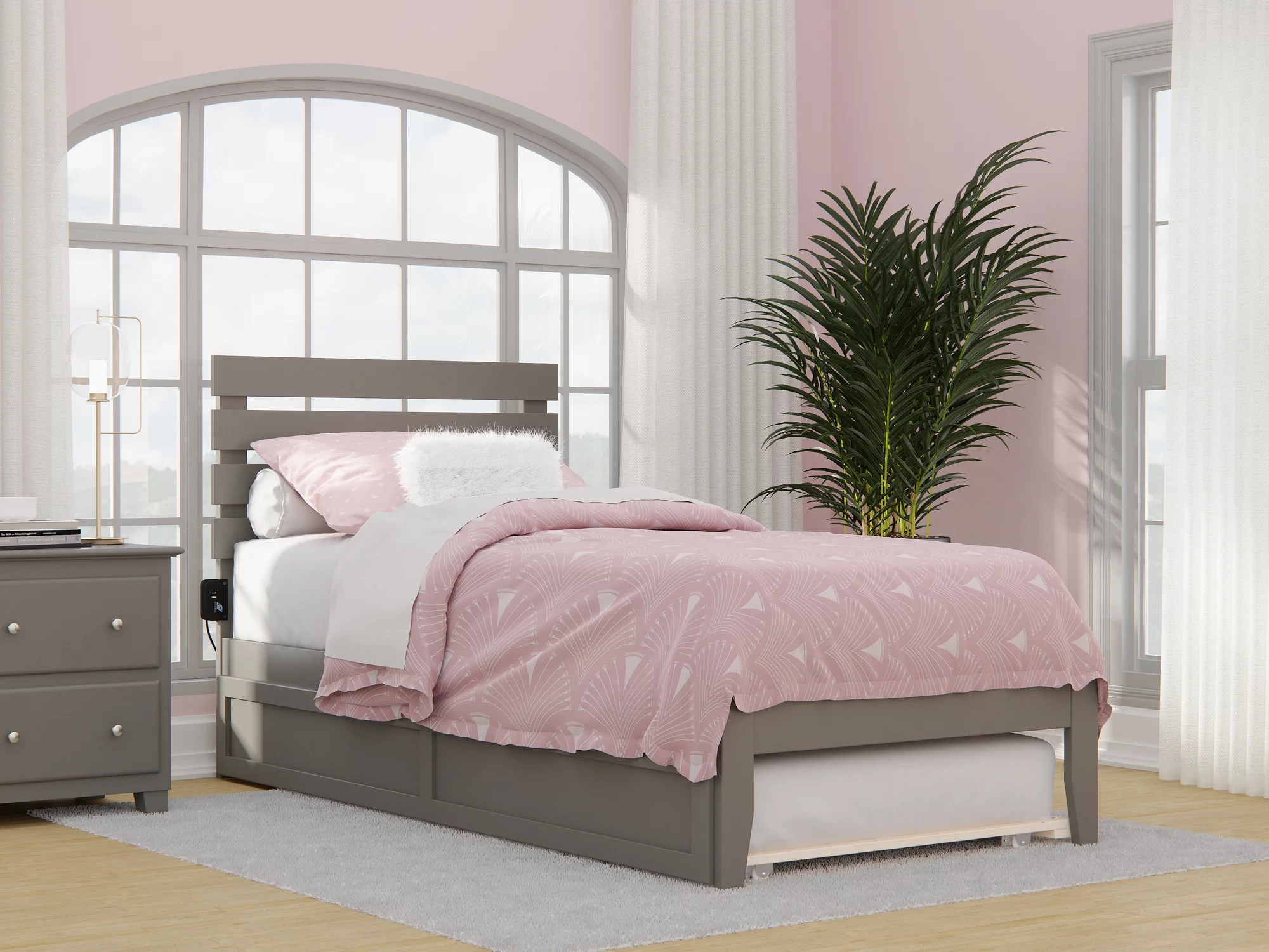 Oxford Twin Extra Long Bed with USB Turbo Charger and Twin Extra Long Trundle in Grey