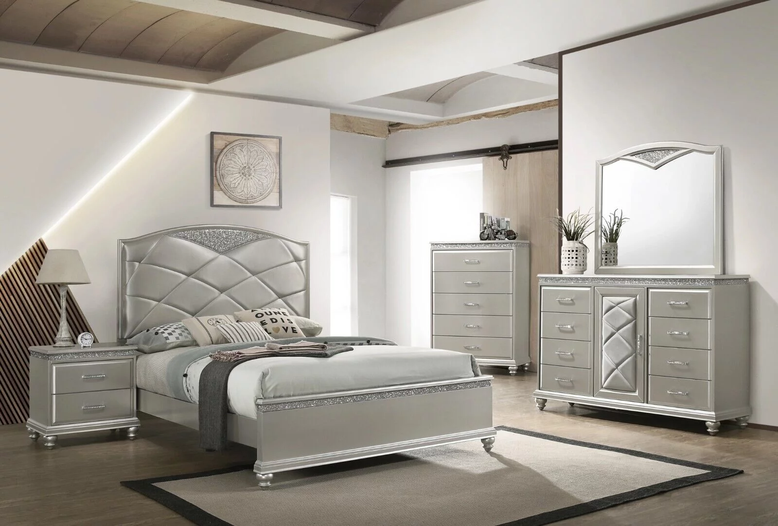 6pc Traditional Style King Panel Bed Dresser Mirror Nightstand Chest Wooden Bedroom Furniture Set Metallic Silver Finish