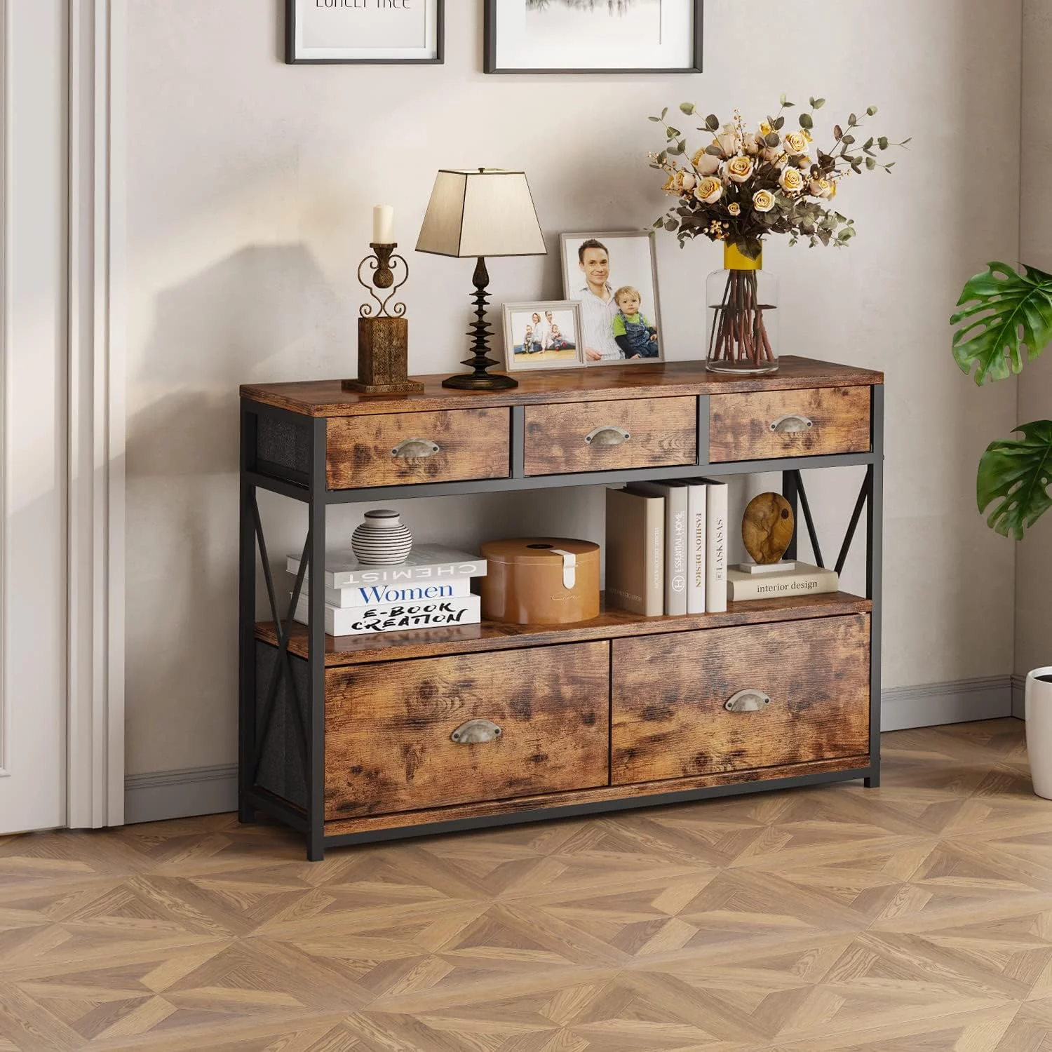 WAGEE 3-Tier Entryway Table Console Table, Dresser TV Stand for Bedroom, Accent Table Sofa Tables for Living Room with 5 Storage Drawers, 39.5” Entertainment Center Hallway Foyer Table, Vintage Brown