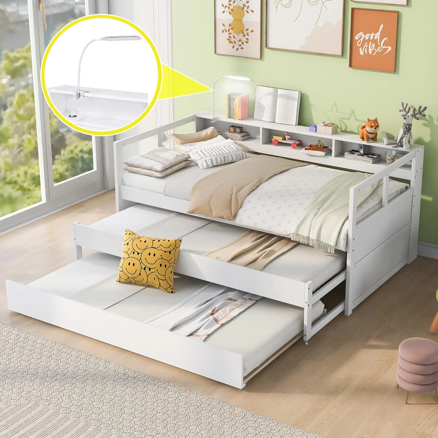 XL Daybed With 2 Trudles, 3 Storage Cubbies, Portable Light Ad USB Chargig Port, Solid Wood Sofa Bed Frame For Livig Room, Bedroom, Apartmet, White