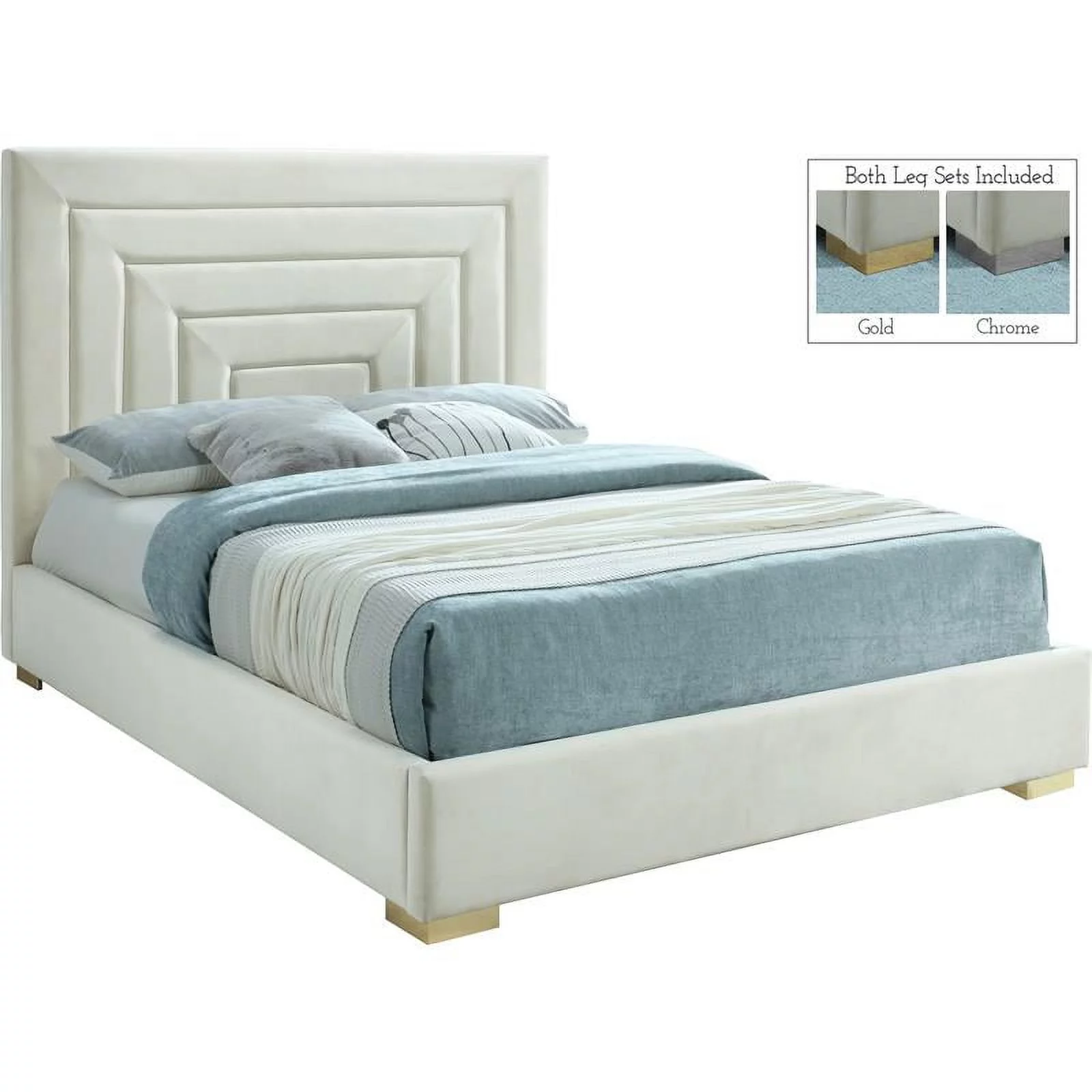 Meridian Furniture Nora Cream Velvet Queen Bed with Gold/Chrome Legs Included