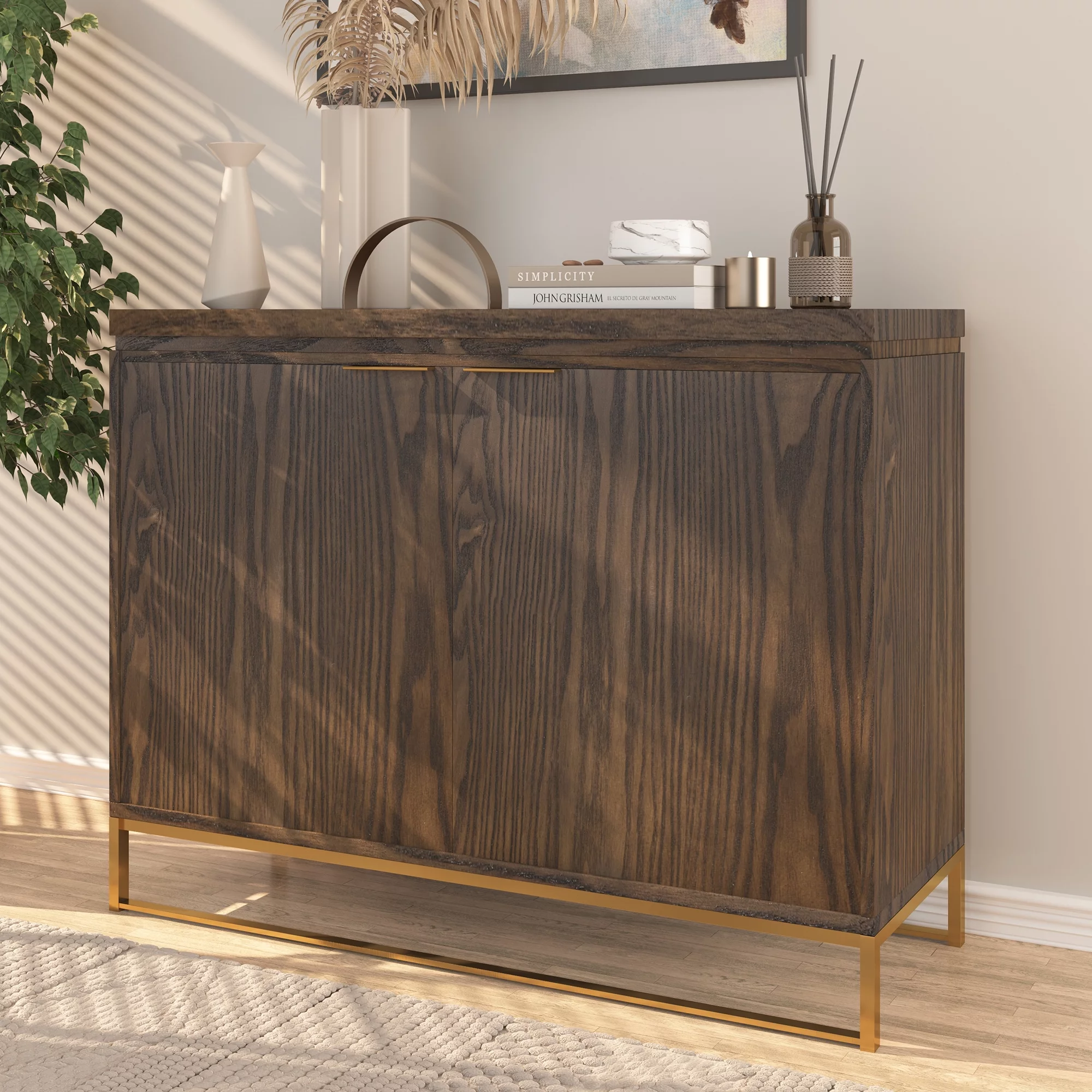 Clihome 2-Door Accent Sideboard Storage Cabinet with Adjustable Shelves, Brown Modern Sideboard Buffet Cabinet for Kitchen, Dining Room, Living Room, Entryway