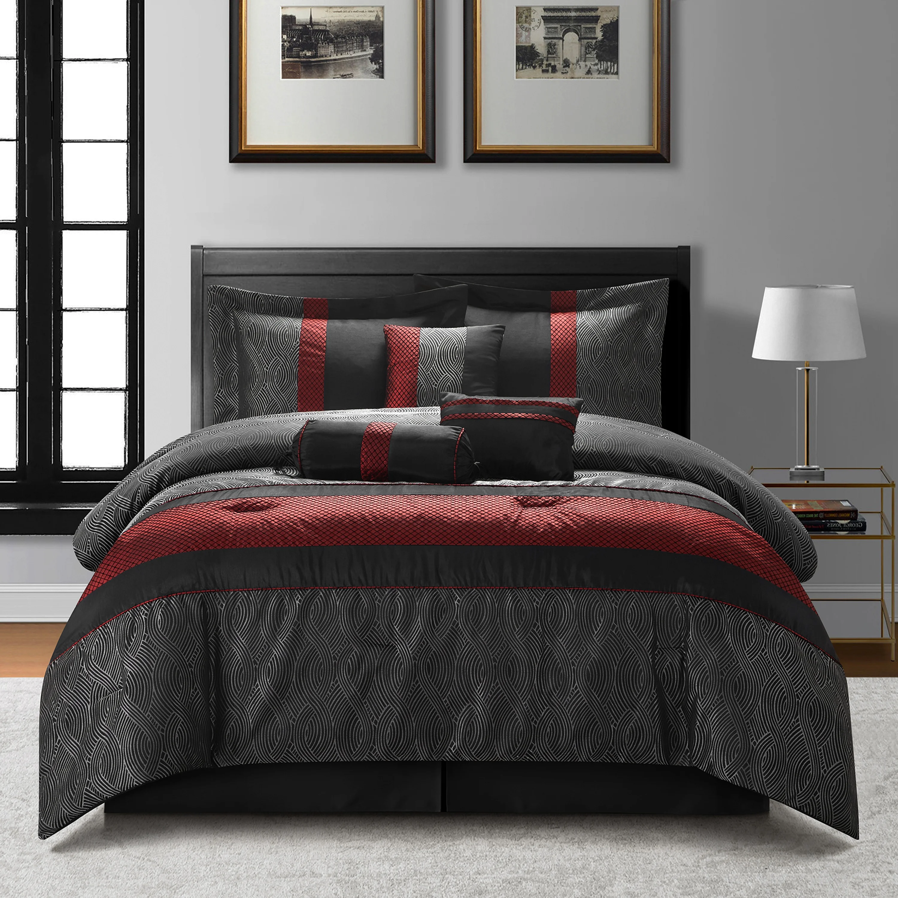 Lanco Swirl Black 7-Piece Bedding Comforter Set, Black Red Striped, Bed Size California King, 100% Polyester