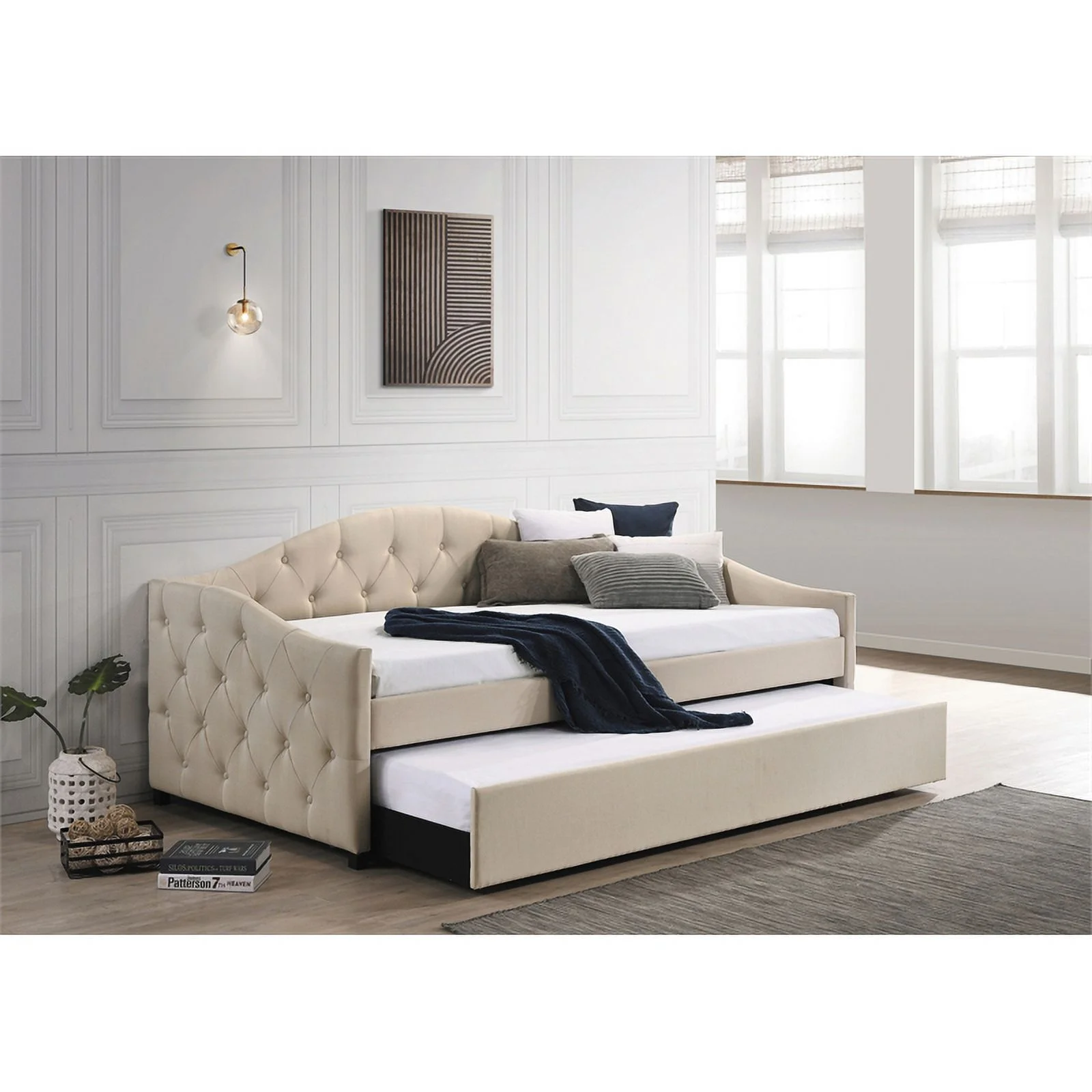 Pemberly Row Modern Fabric Upholstered Twin Daybed with Trundle in Beige