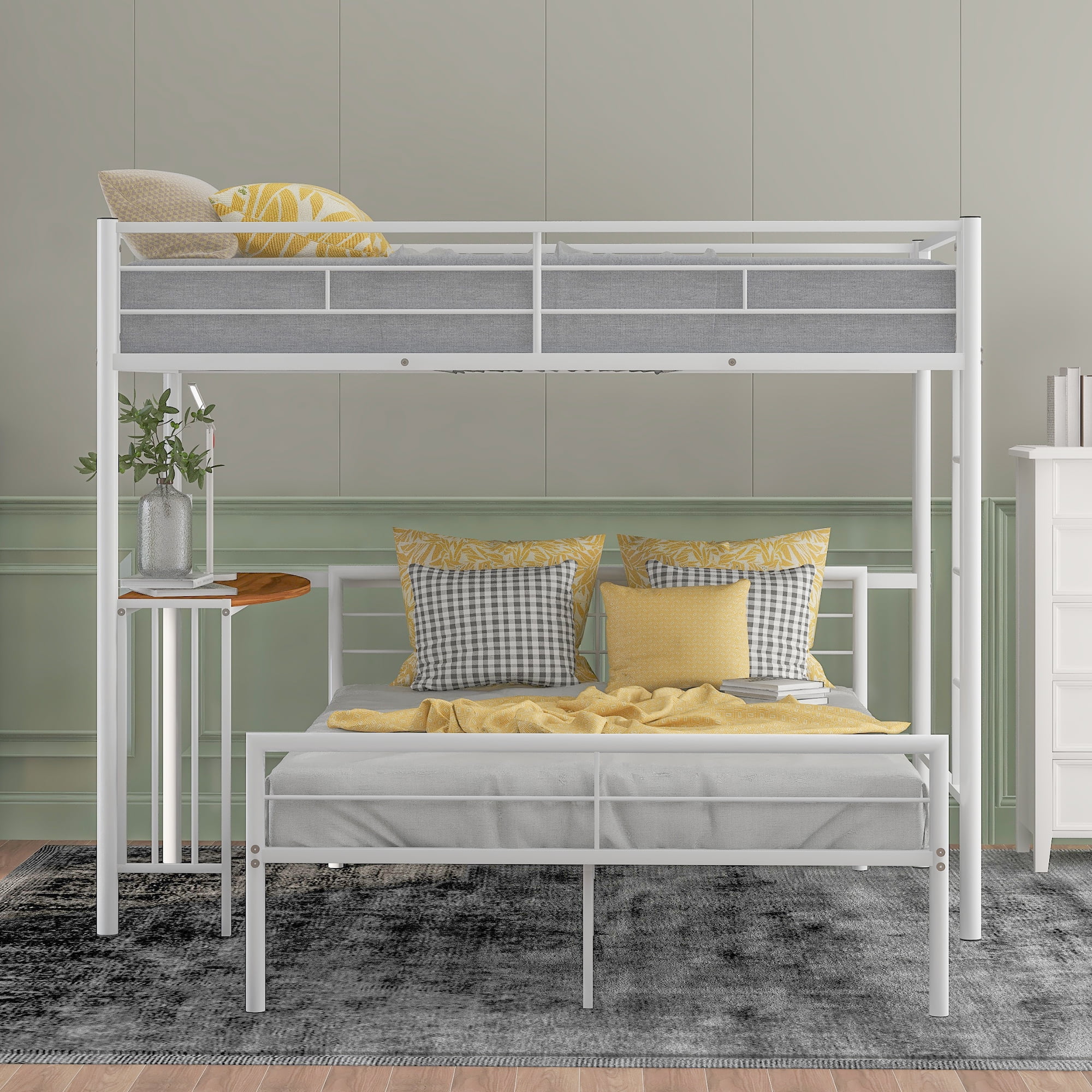 Twin Over Full Metal Bunk Bed with Desk, Ladder and Quality Slats for Bedroom, Metallic White(OLD SKU :LP000092AAK)