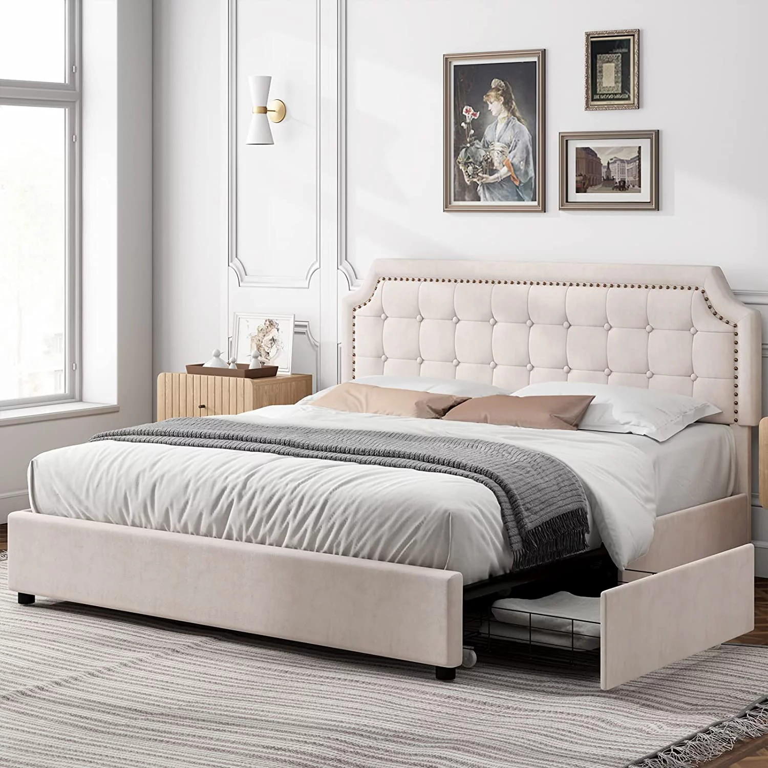 Keyluv Upholstered Queen Platform Bed Frame with 4 Drawers and Curved Button Tufted Headboard with Nailhead Trim  Mattress Foundation with Solid Wooden Slats Support  No Box Spring Needed