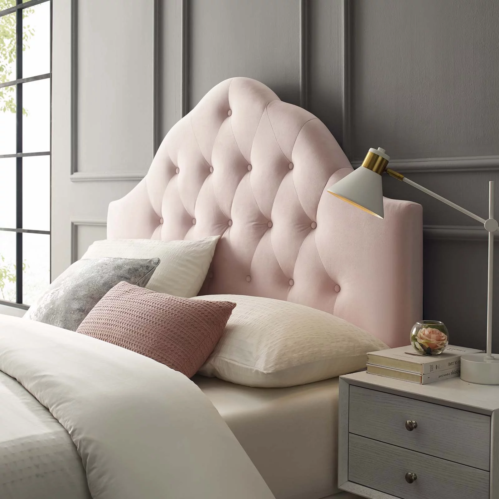 Contemporary Modern Urban Designer Bedroom Full Size Tufted Headboard, Velvet Fabric, Pink