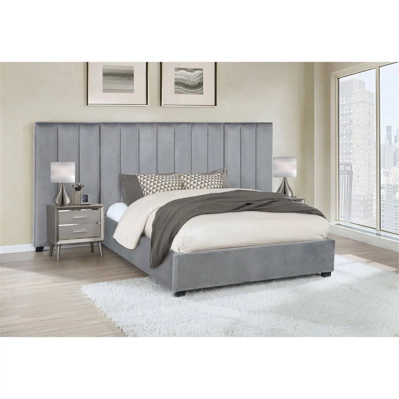 Pemberly Row Upholstered Velvet Queen Bedroom Set with Side Panels in Gray
