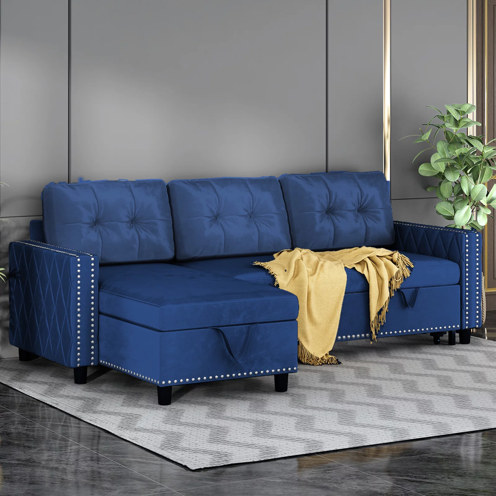 BALUS Reversible Sectional Sleeper Sofa with Storage Chaise, Velvet Upholstered L-Shape Sleeper Sectional Sofa Couch, Pull Out Sofa Bed Couch for Living Room, Office and Small Apartment (Blue)