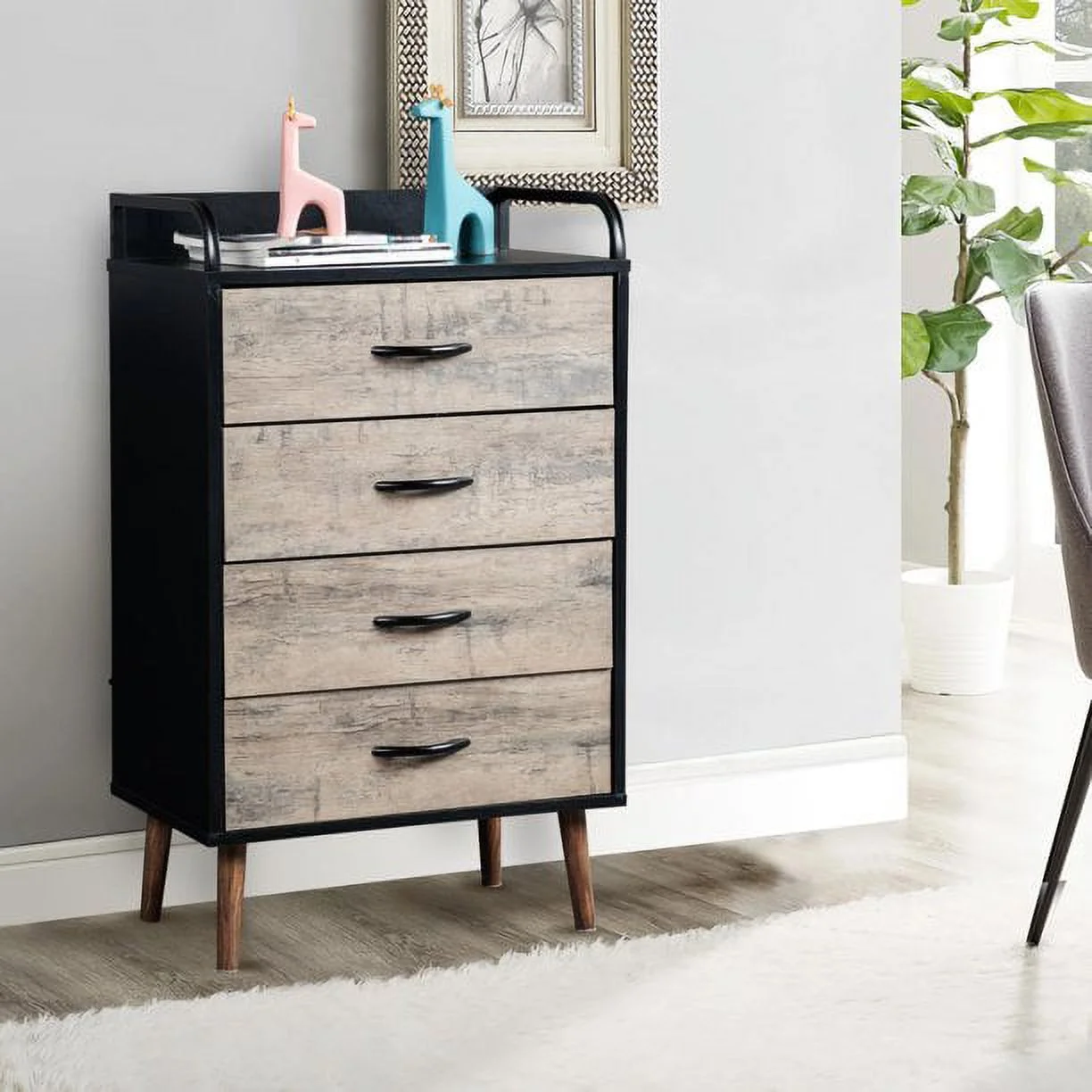 4 Drawer Storage Dresser, Tall Nightstand Storage Tower with Fabric Foldable Drawers, Wooden Handles, Fabric Dresser Organizer Unit for Living Room, Gray and Black