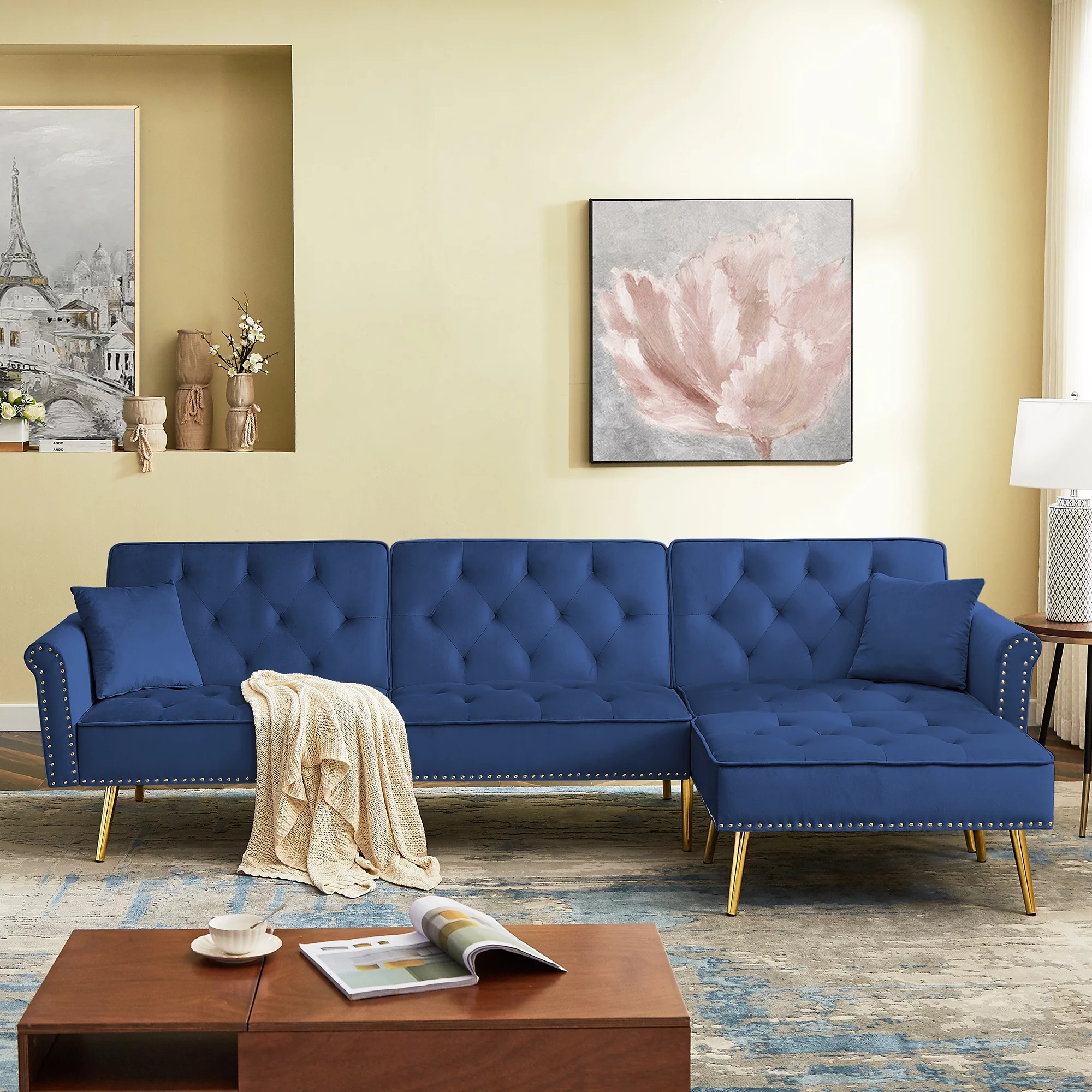 Convertible Sectional Sleeper Sofa, L-Shaped Sectional Couch with Chaise, Modern Velvet Sleeper Sofa Bed with 2 Pillows, Adjustable Back, Metal Legs & Nailhead Trim for Living Room Furniture, Blue
